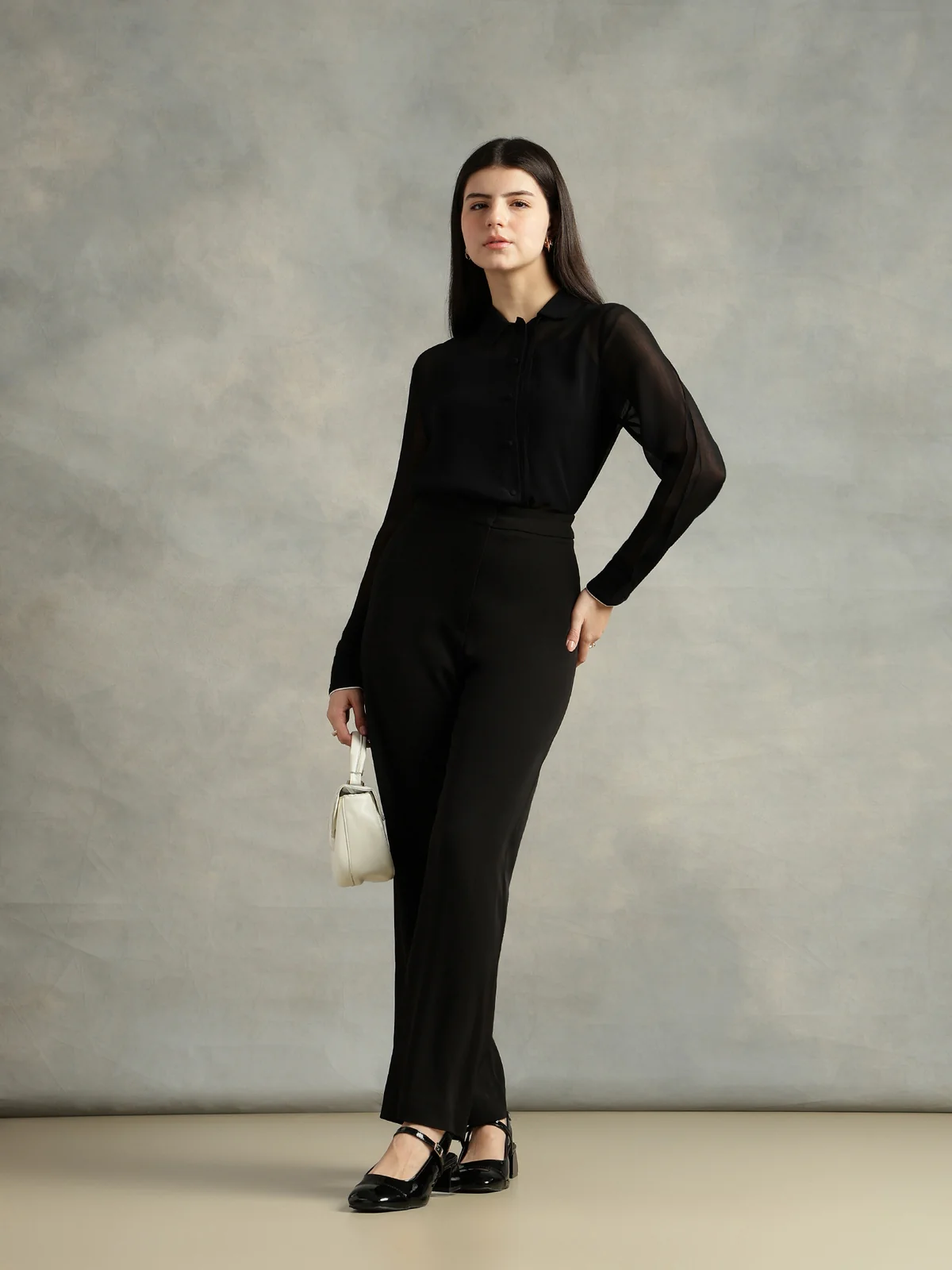 Women Black Spread Collar Long Sleeves Shirts - Image 4