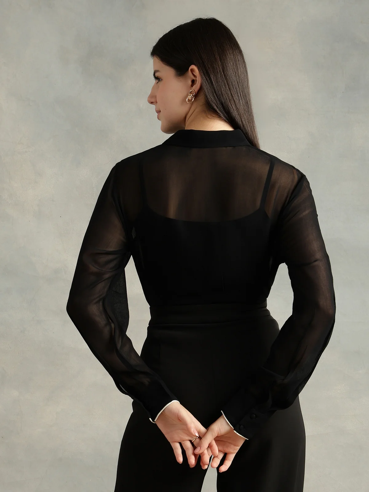 Women Black Spread Collar Long Sleeves Shirts - Image 5