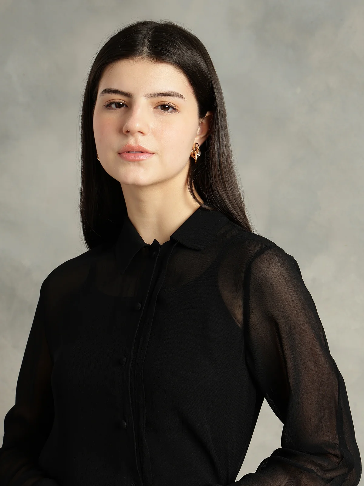 Women Black Spread Collar Long Sleeves Shirts - Image 6