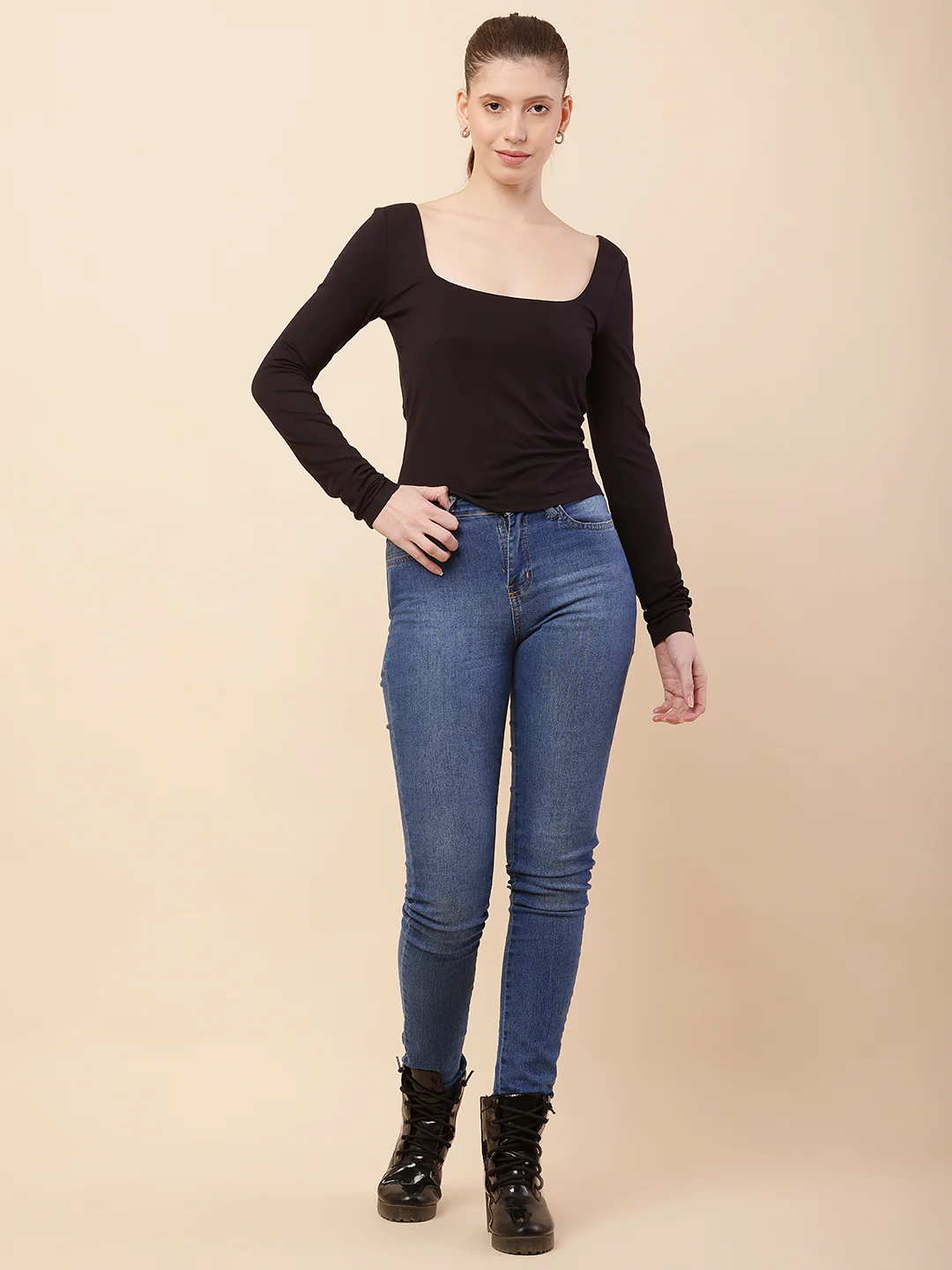 Women Black Square Neck Regular Top - Image 3