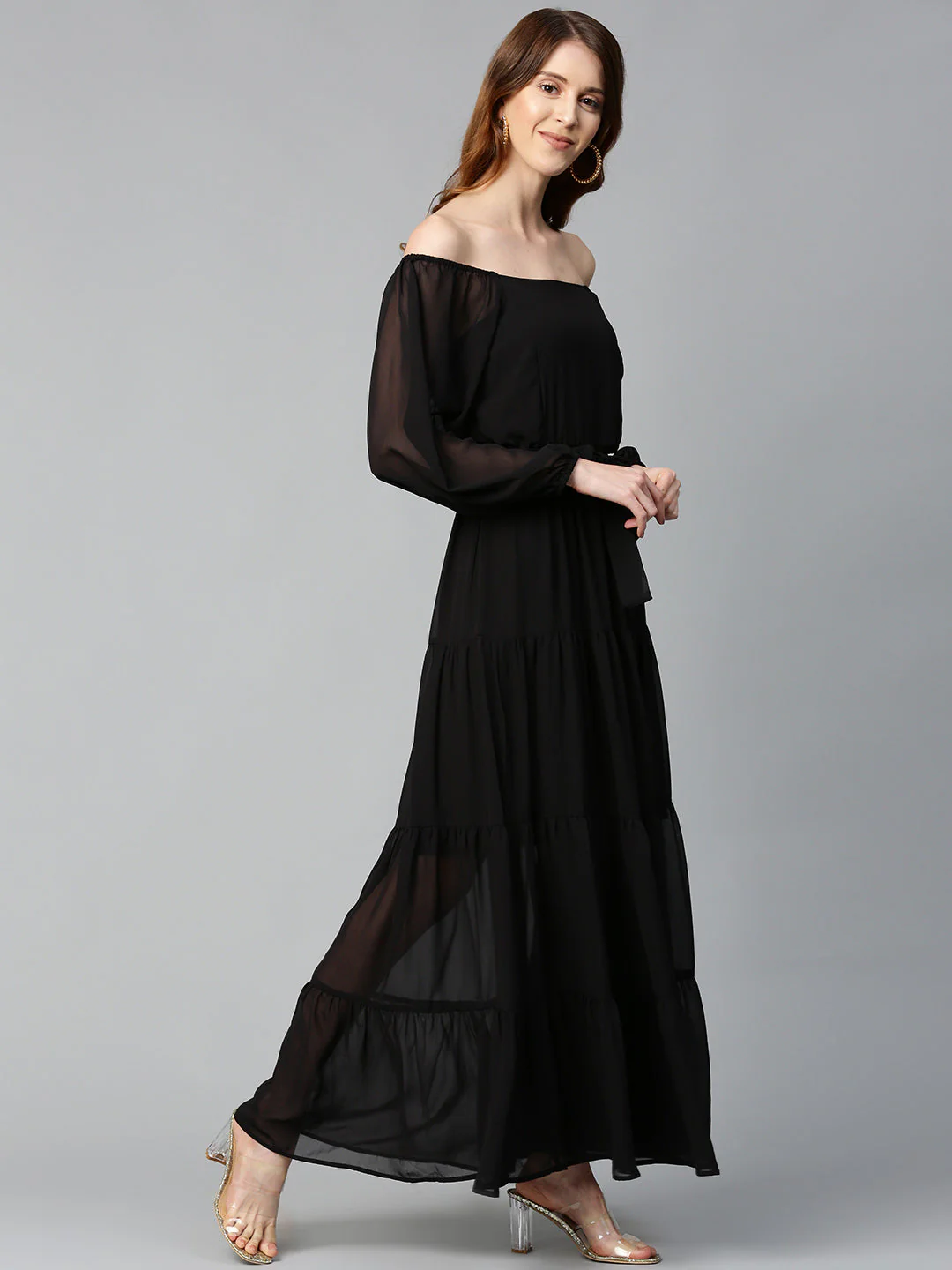 Women Black Square Neck Tiered Maxi Dress - Image 2