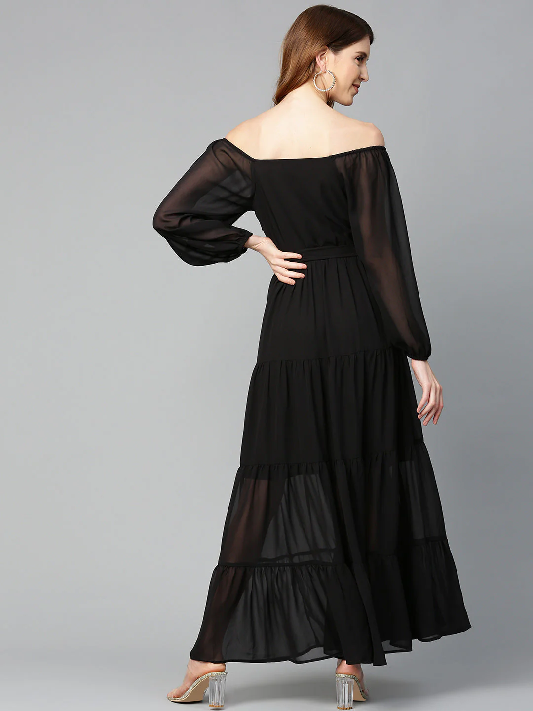 Women Black Square Neck Tiered Maxi Dress - Image 3