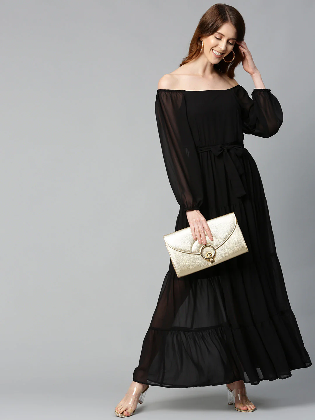 Women Black Square Neck Tiered Maxi Dress - Image 4