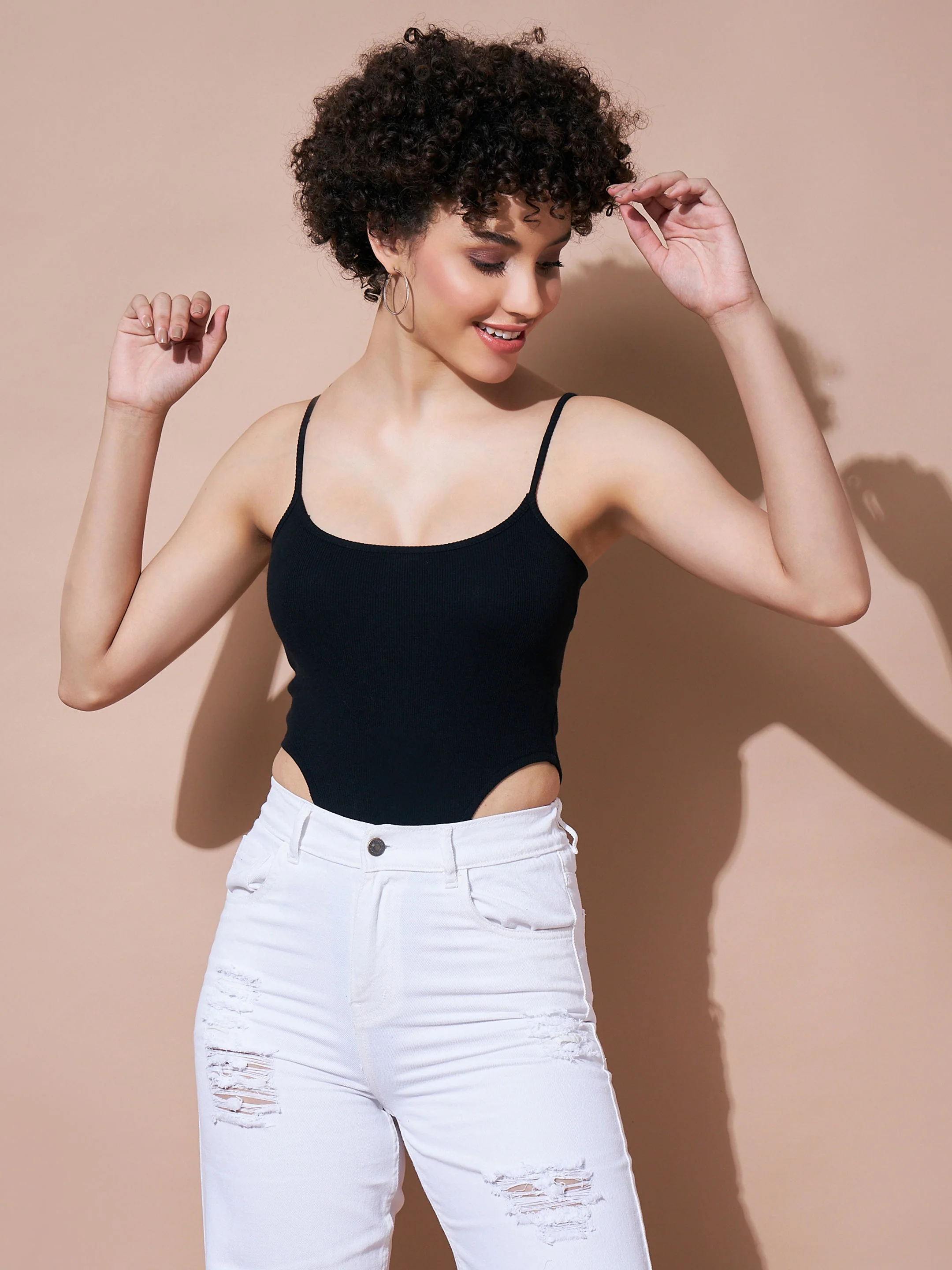 Women Black Strappy Ribbed Bodysuit - Image 2