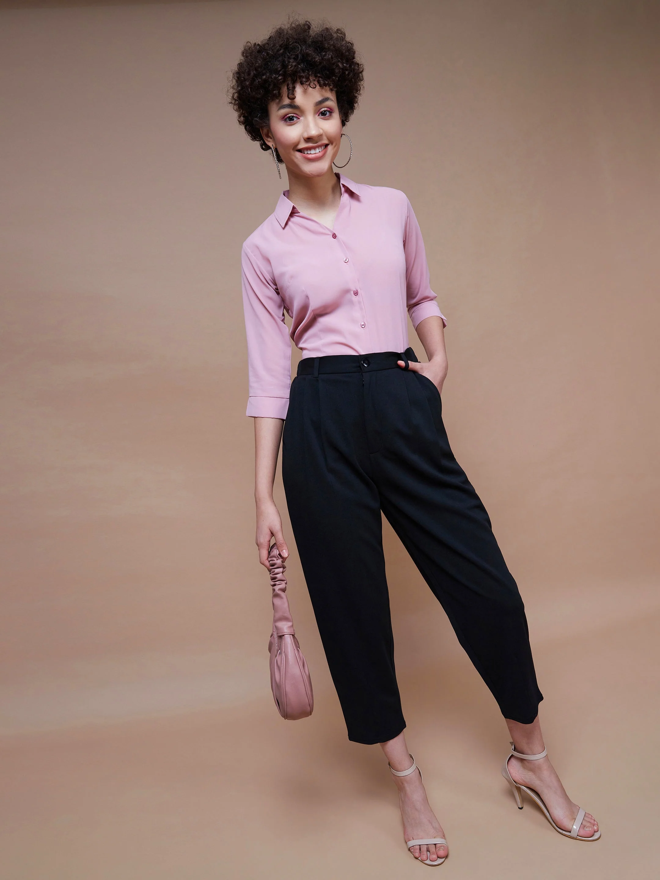 Women Black Stretch Knit Tapered Pants - Image 2