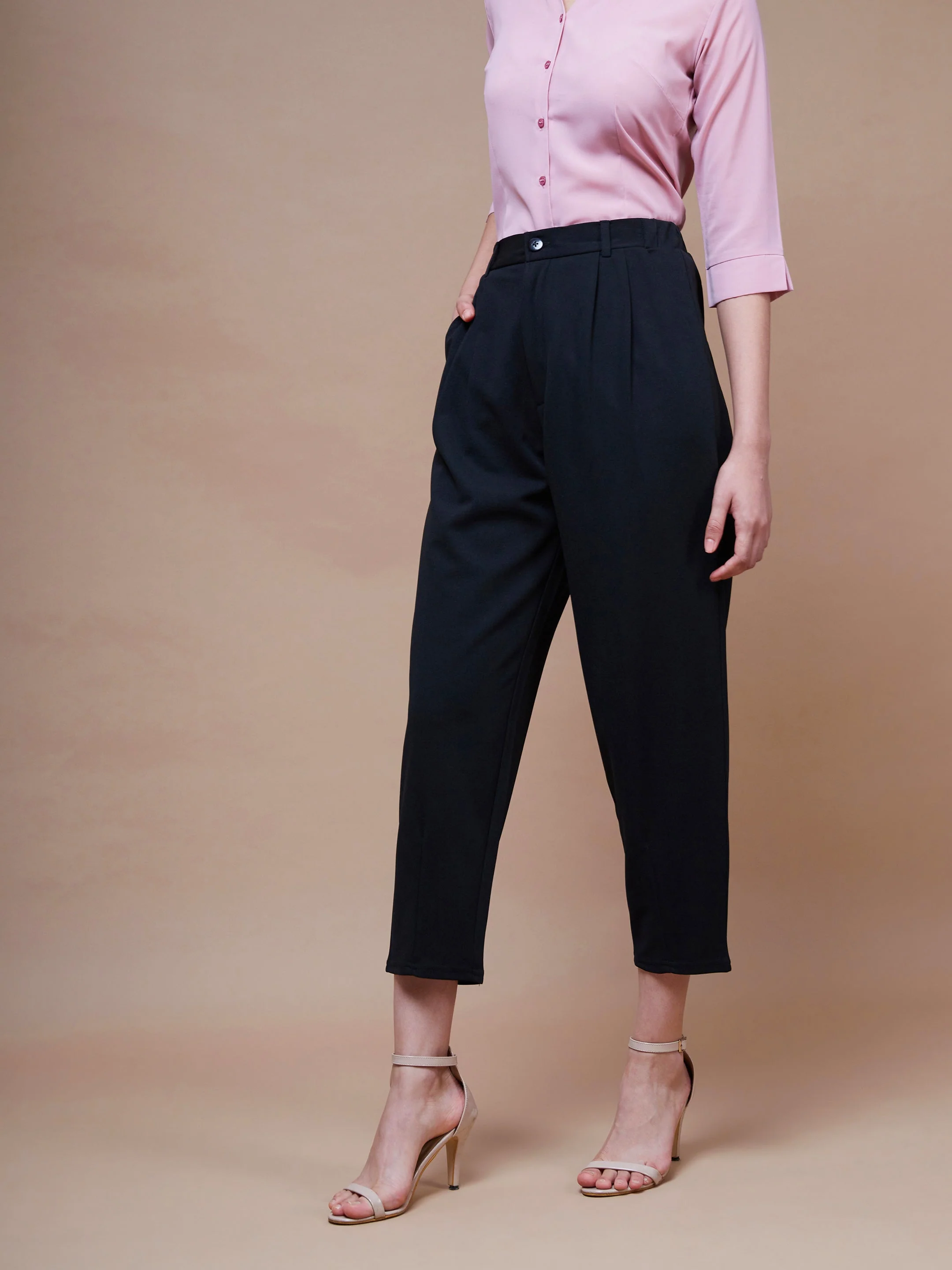 Women Black Stretch Knit Tapered Pants - Image 3