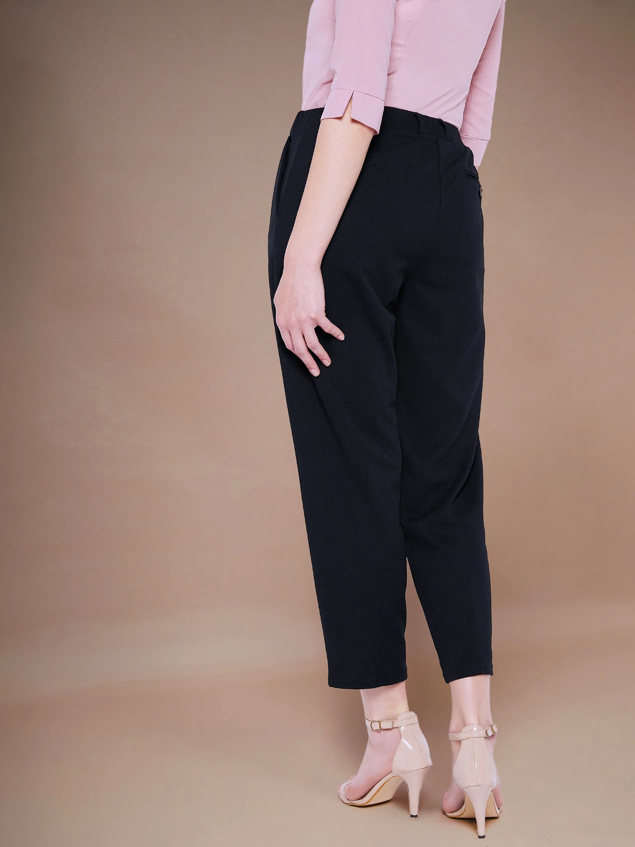 Women Black Stretch Knit Tapered Pants - Image 5