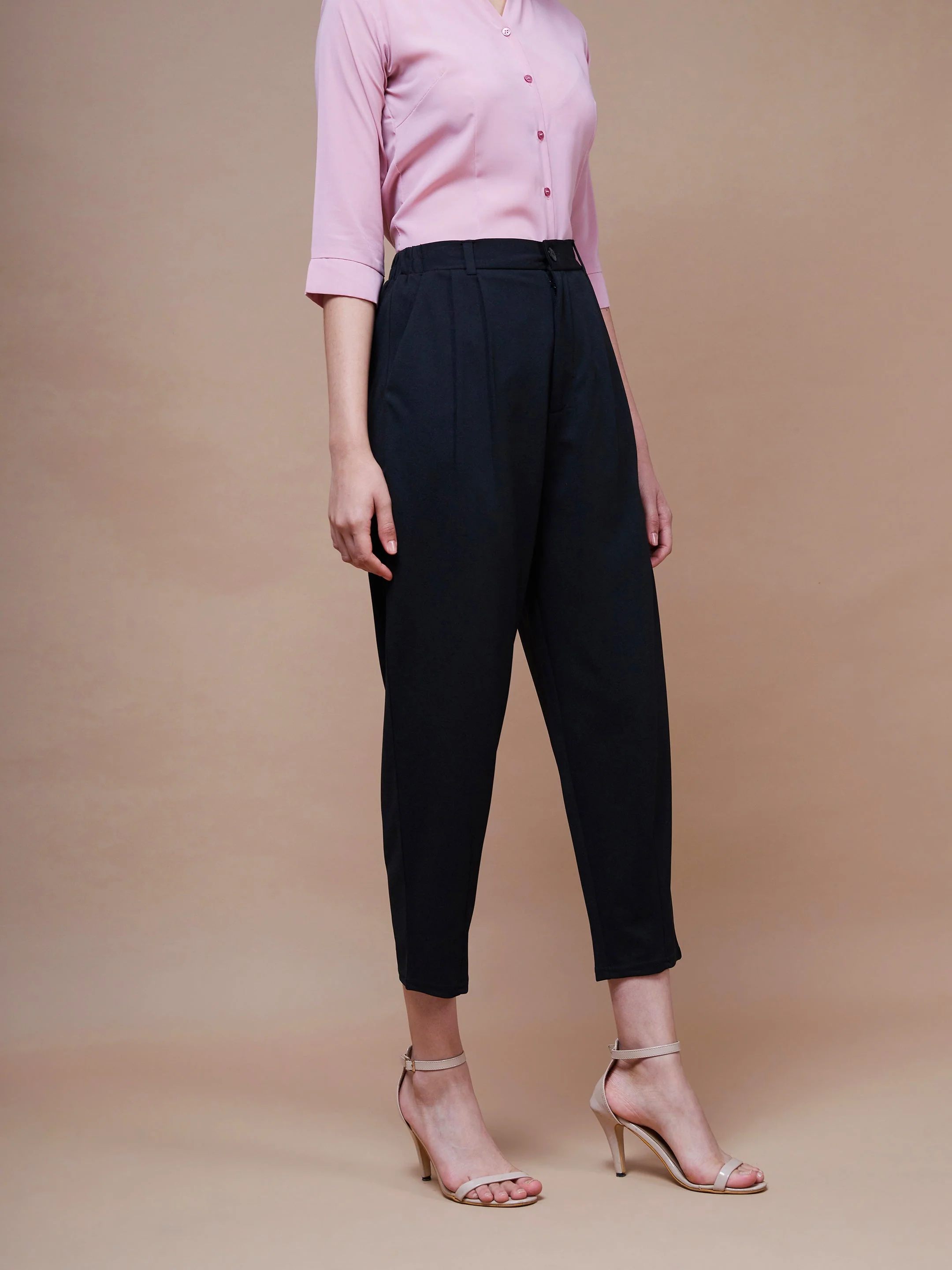 Women Black Stretch Knit Tapered Pants - Image 6