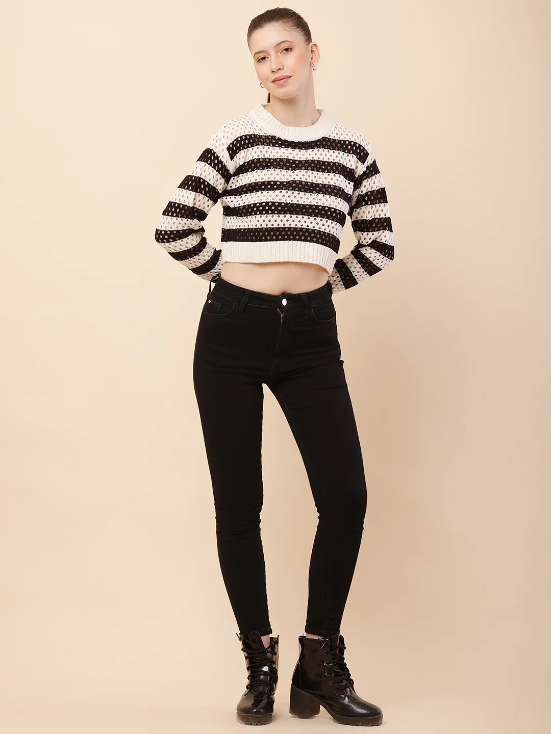 Women Black Striped Crochet Sweater - Image 3