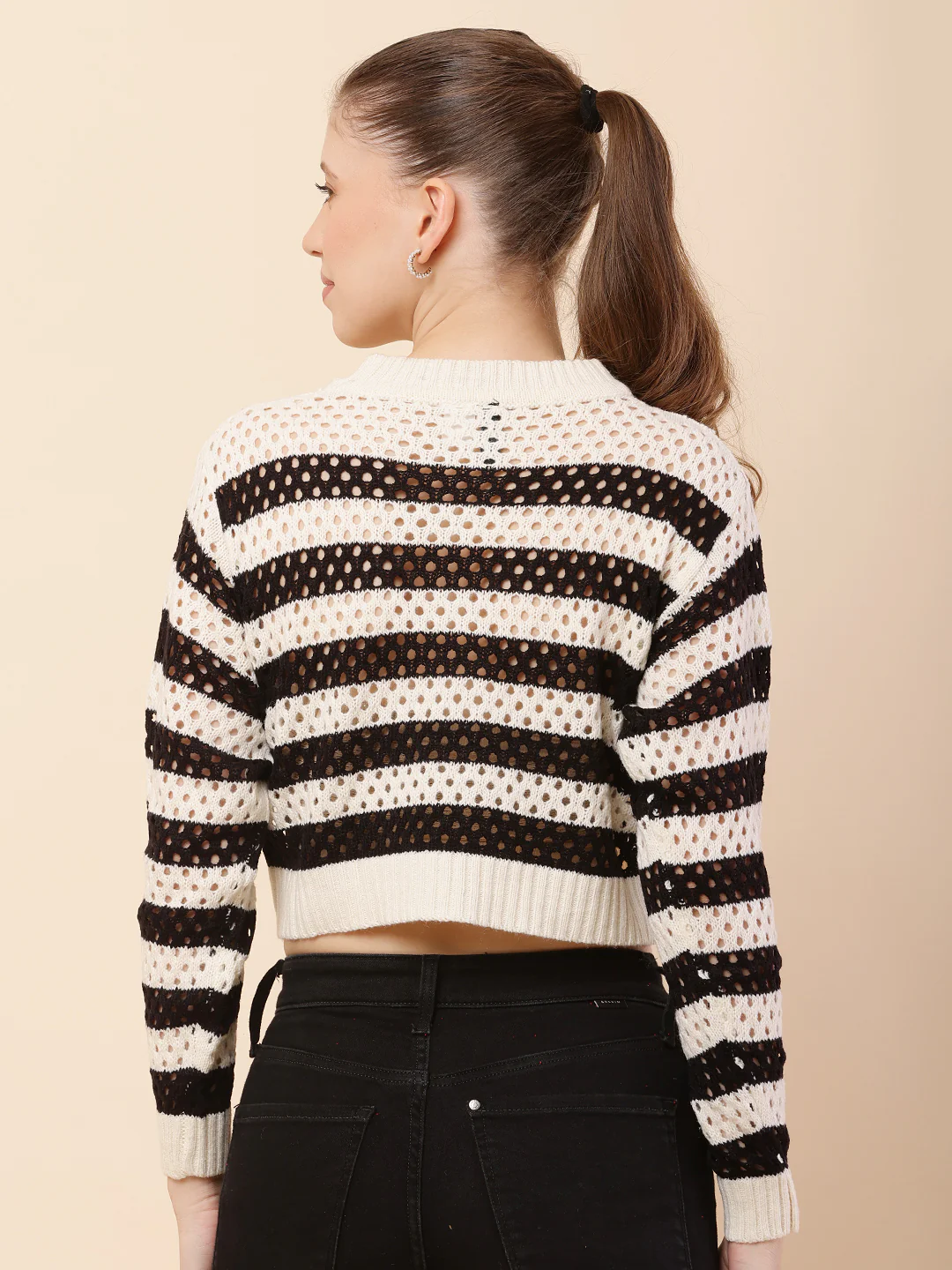 Women Black Striped Crochet Sweater - Image 4