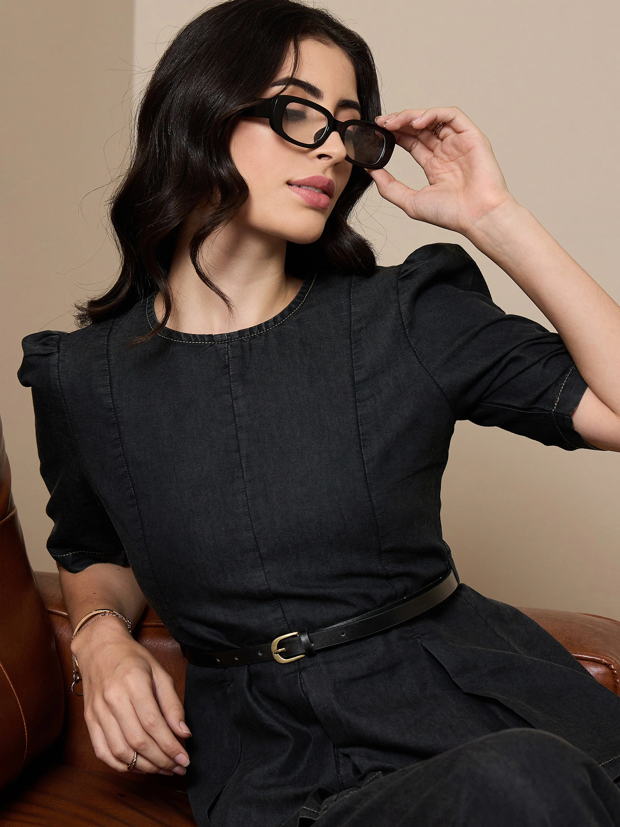 Women Black Tencel Peplum Top With Straight Pants - Image 3