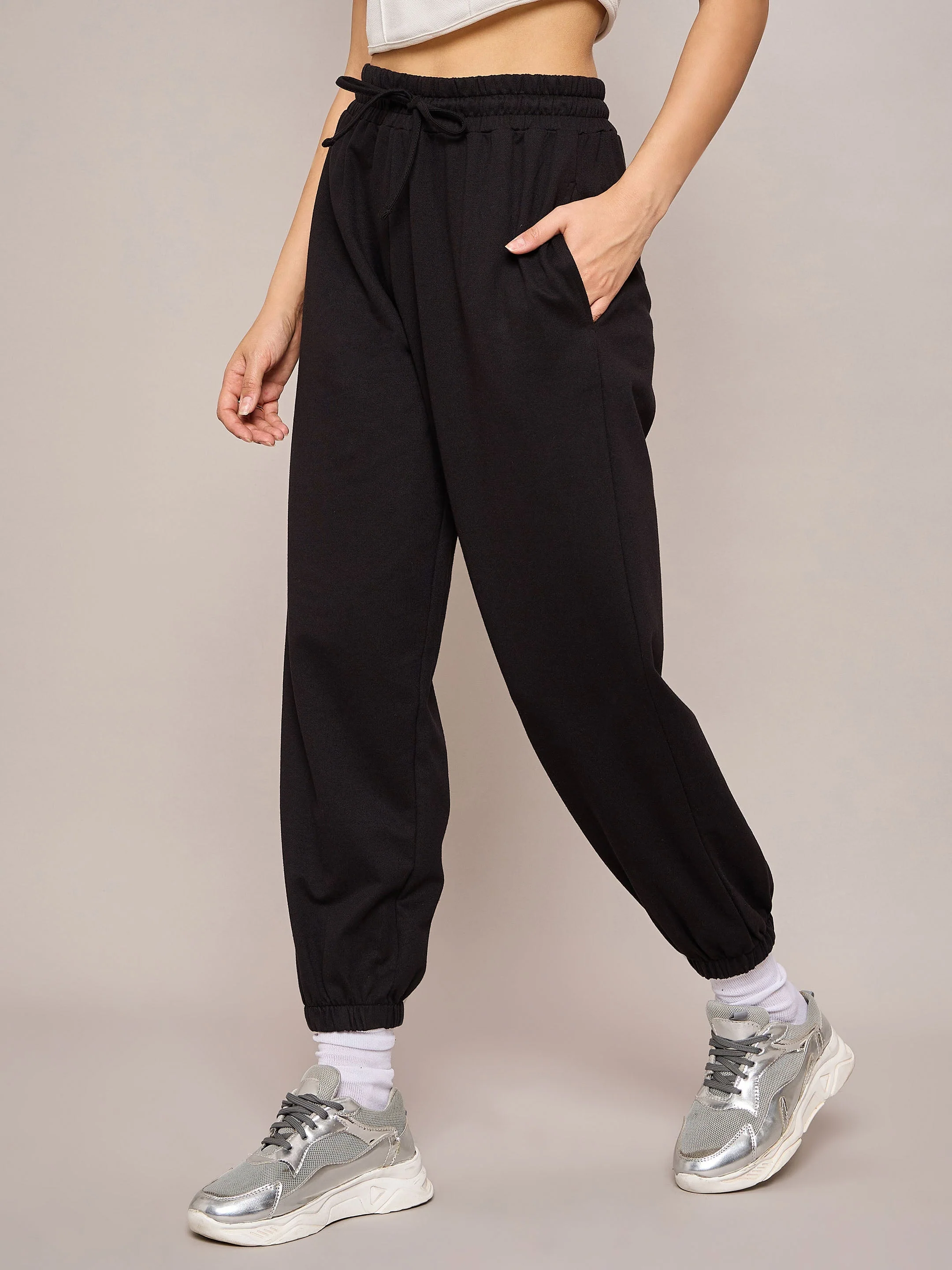 Women Black Terry Baggy Joggers - Image 3