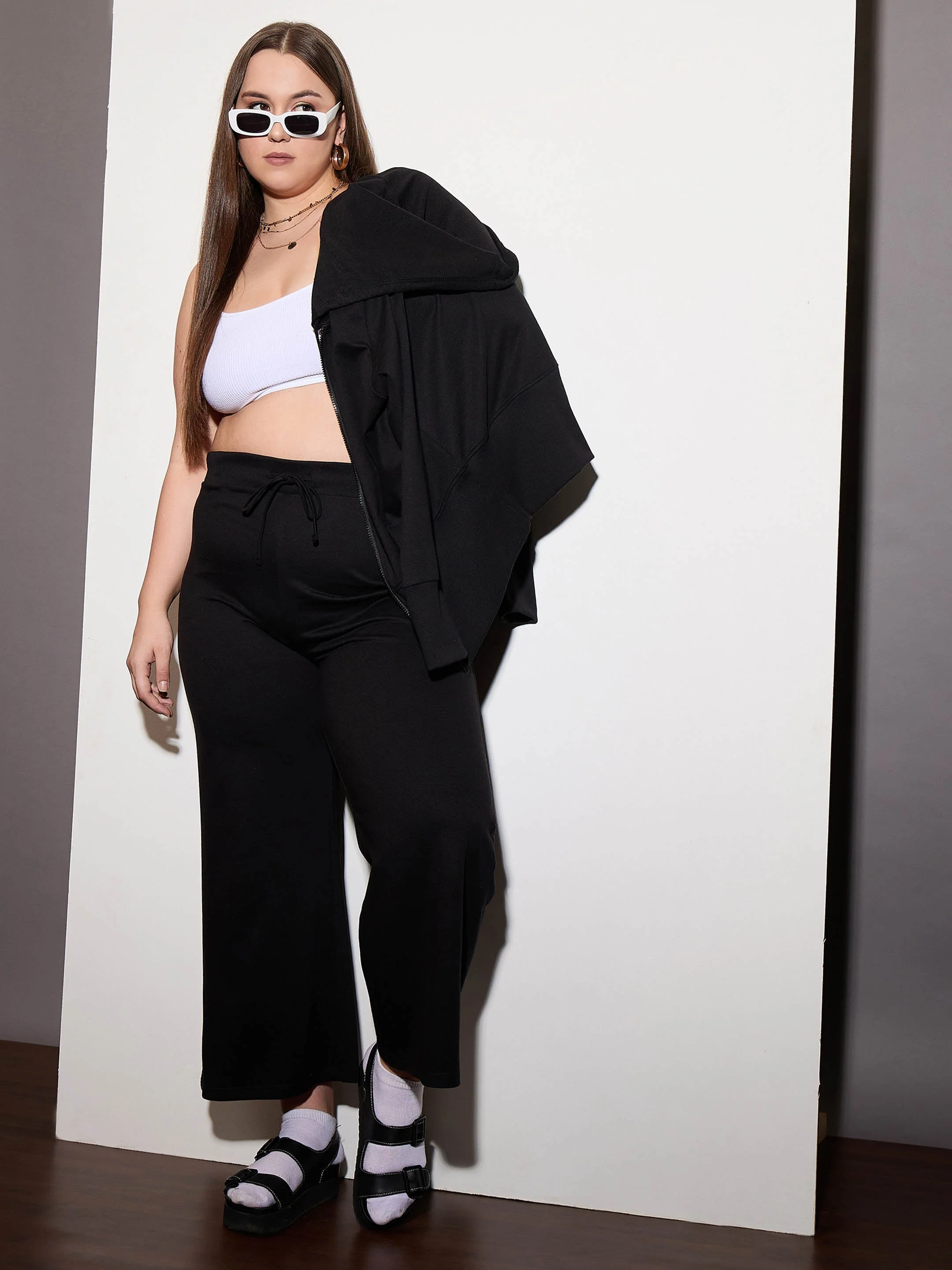 Women Black Terry Drawstring Track Pants - Image 2