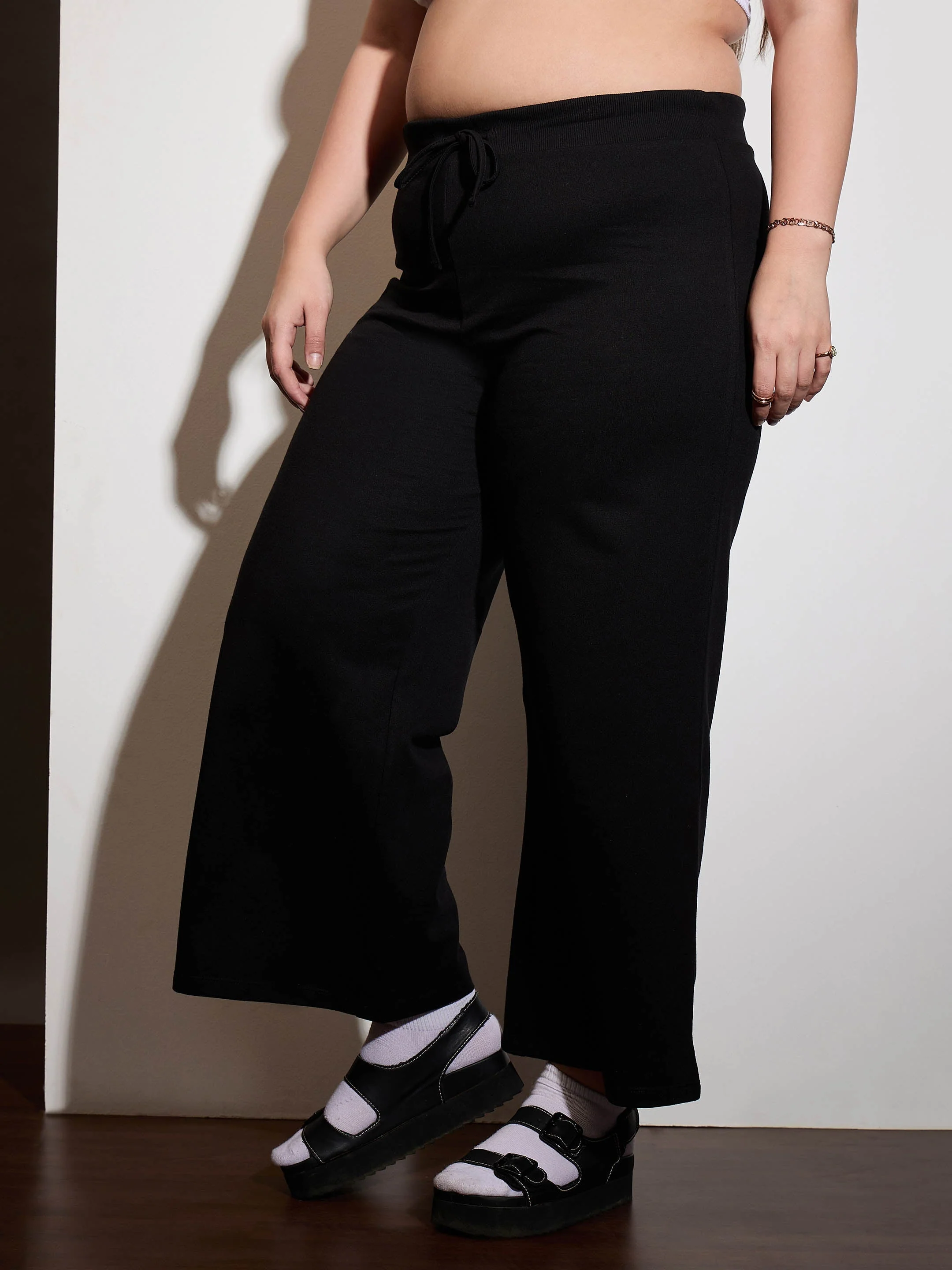 Women Black Terry Drawstring Track Pants - Image 3