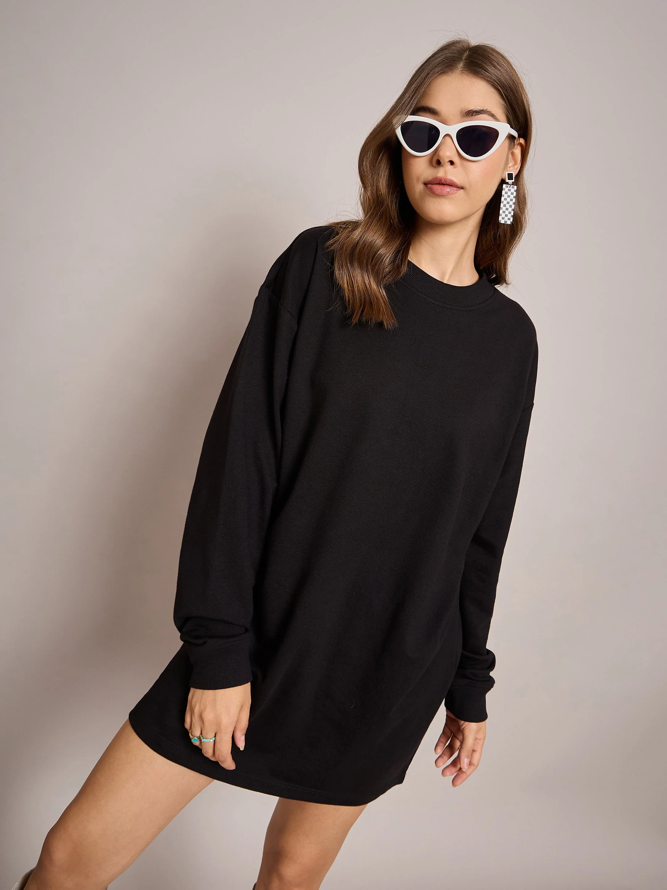 Women Black Terry Oversized Short Sweat Dress - Image 4