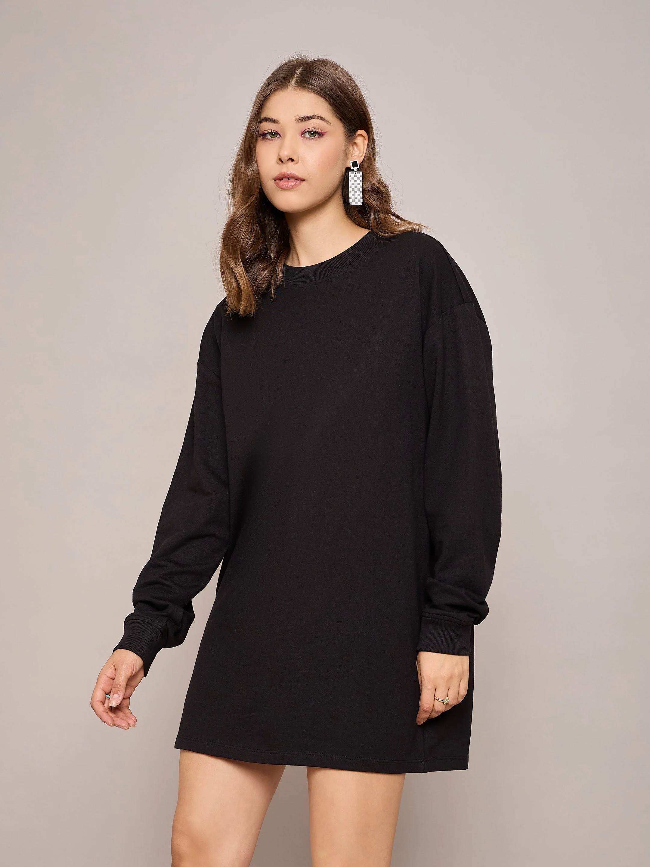 Women Black Terry Oversized Short Sweat Dress - Image 5