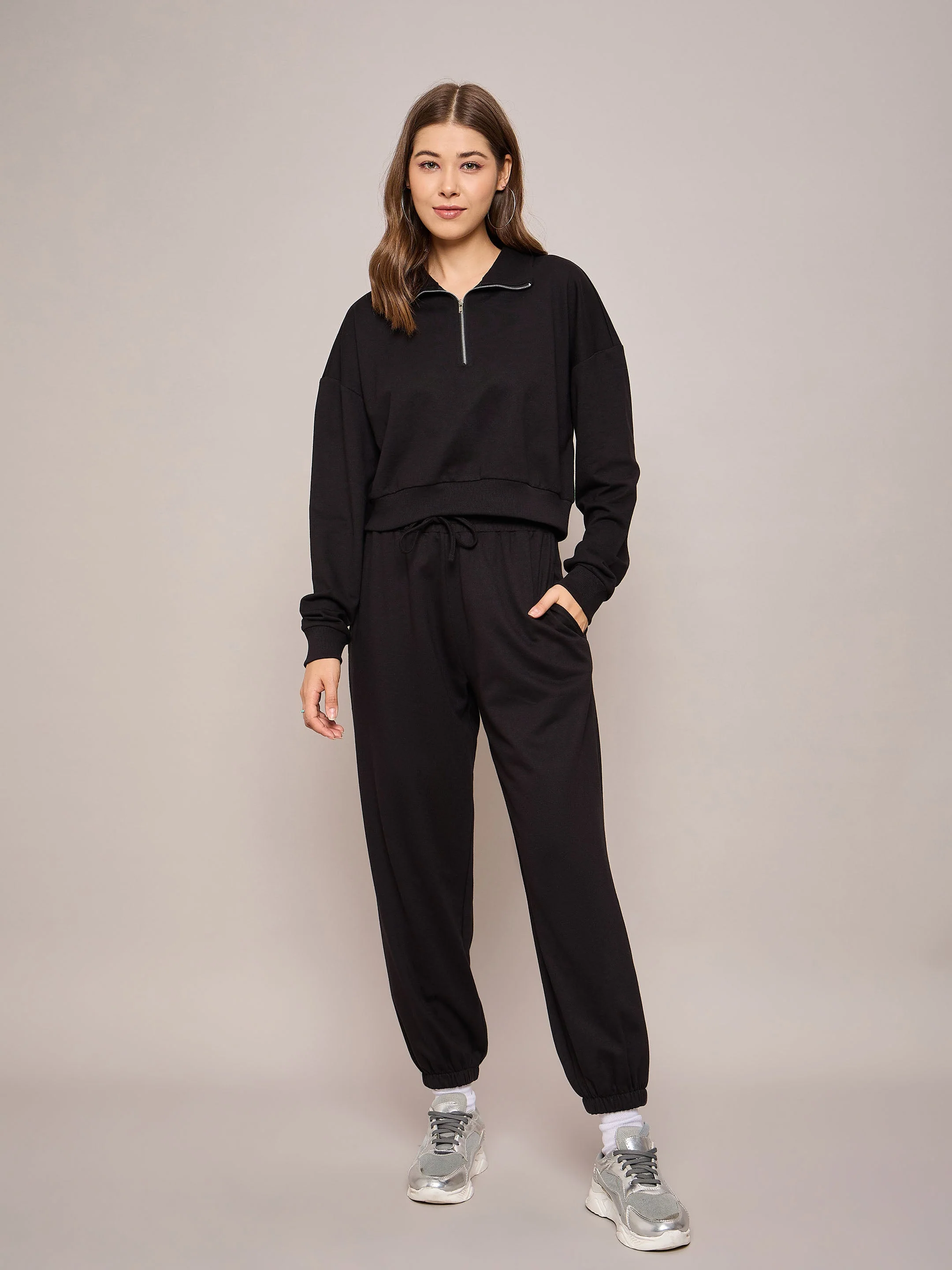 Women Black Terry Oversized Zipper Sweatshirt - Image 4