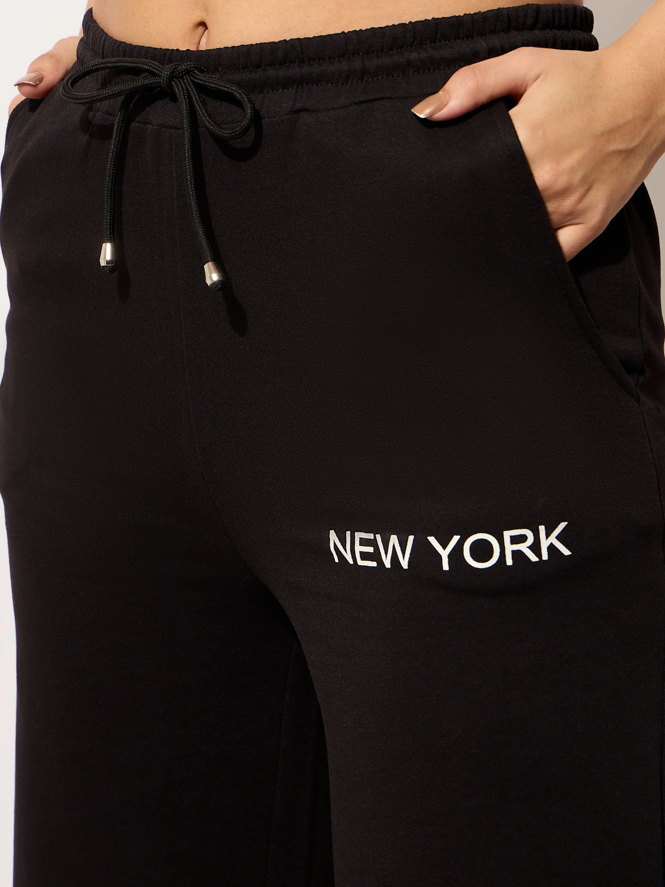 Women Black Terry Printed Track Pants - Image 4