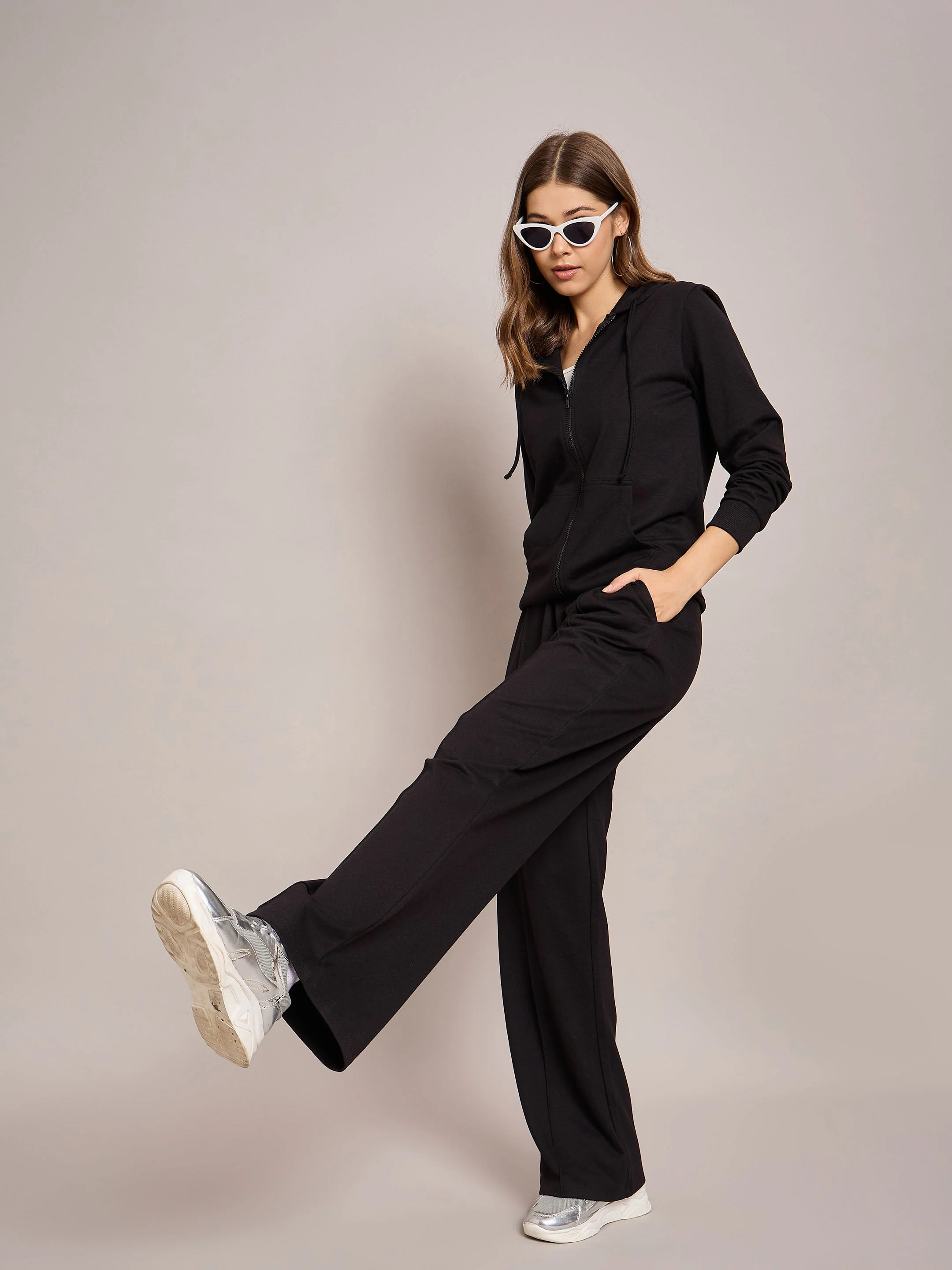 Women Black Terry Side Pockets Track Pants - Image 2