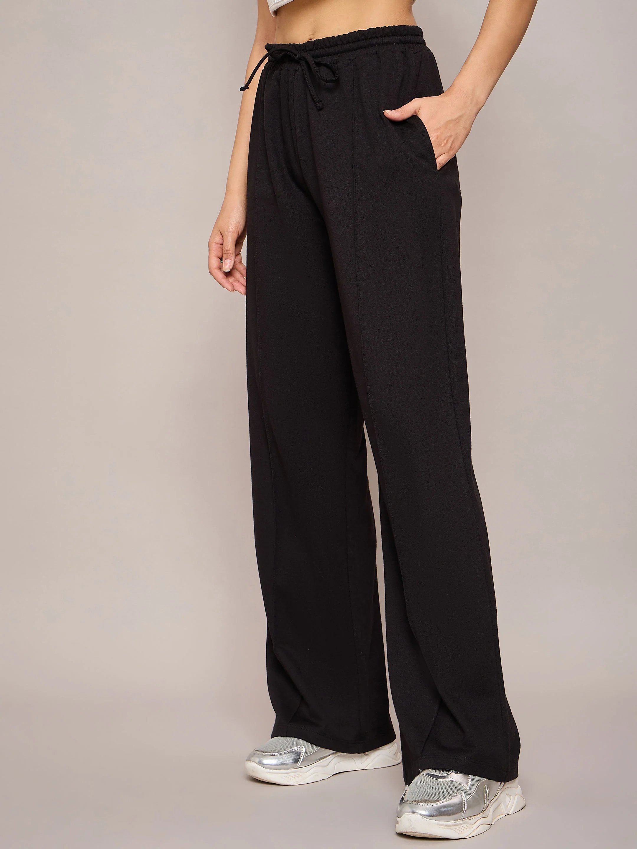 Women Black Terry Side Pockets Track Pants - Image 3