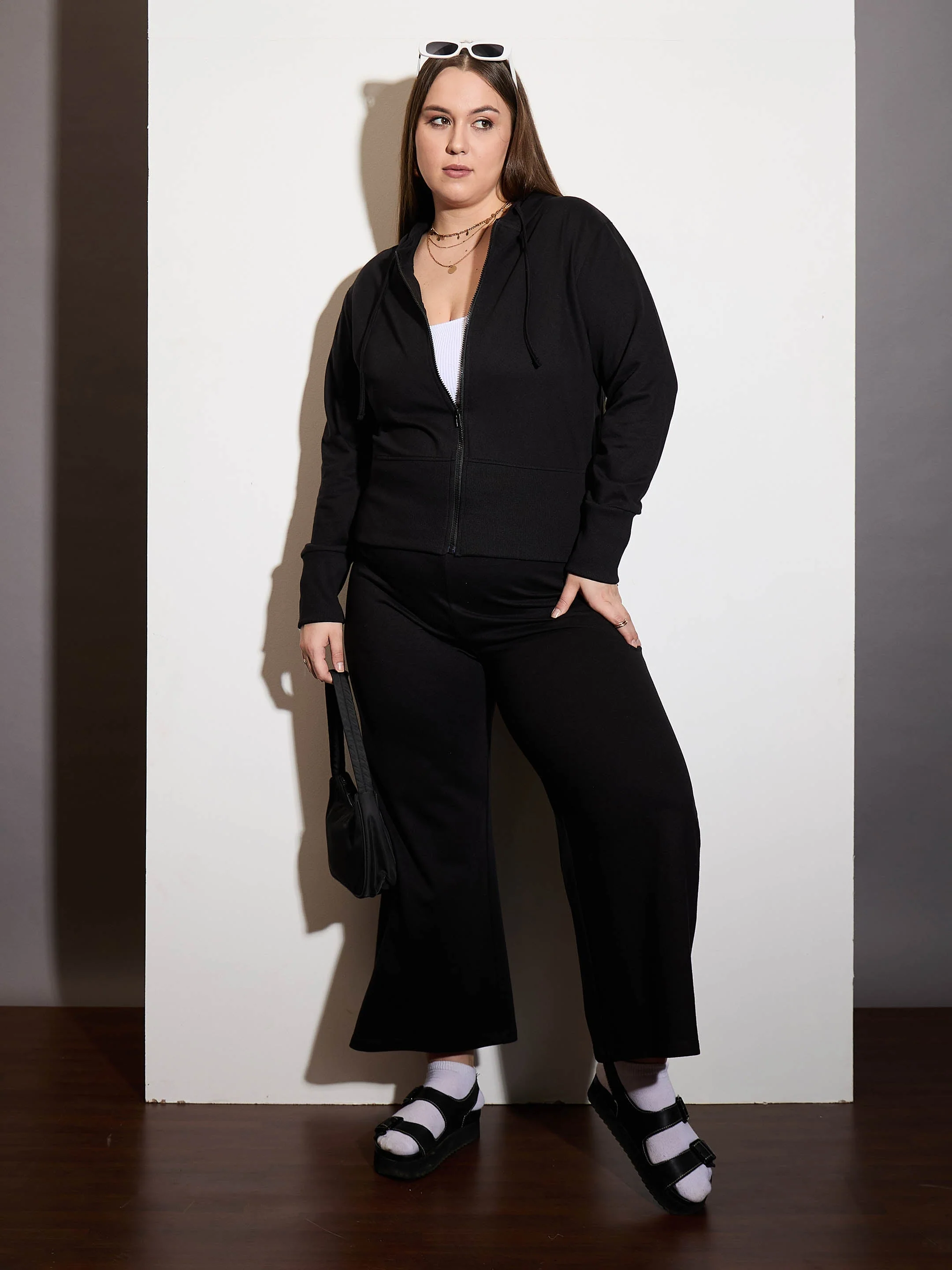 Women Black Terry Zipper Hoodie Jacket - Image 2