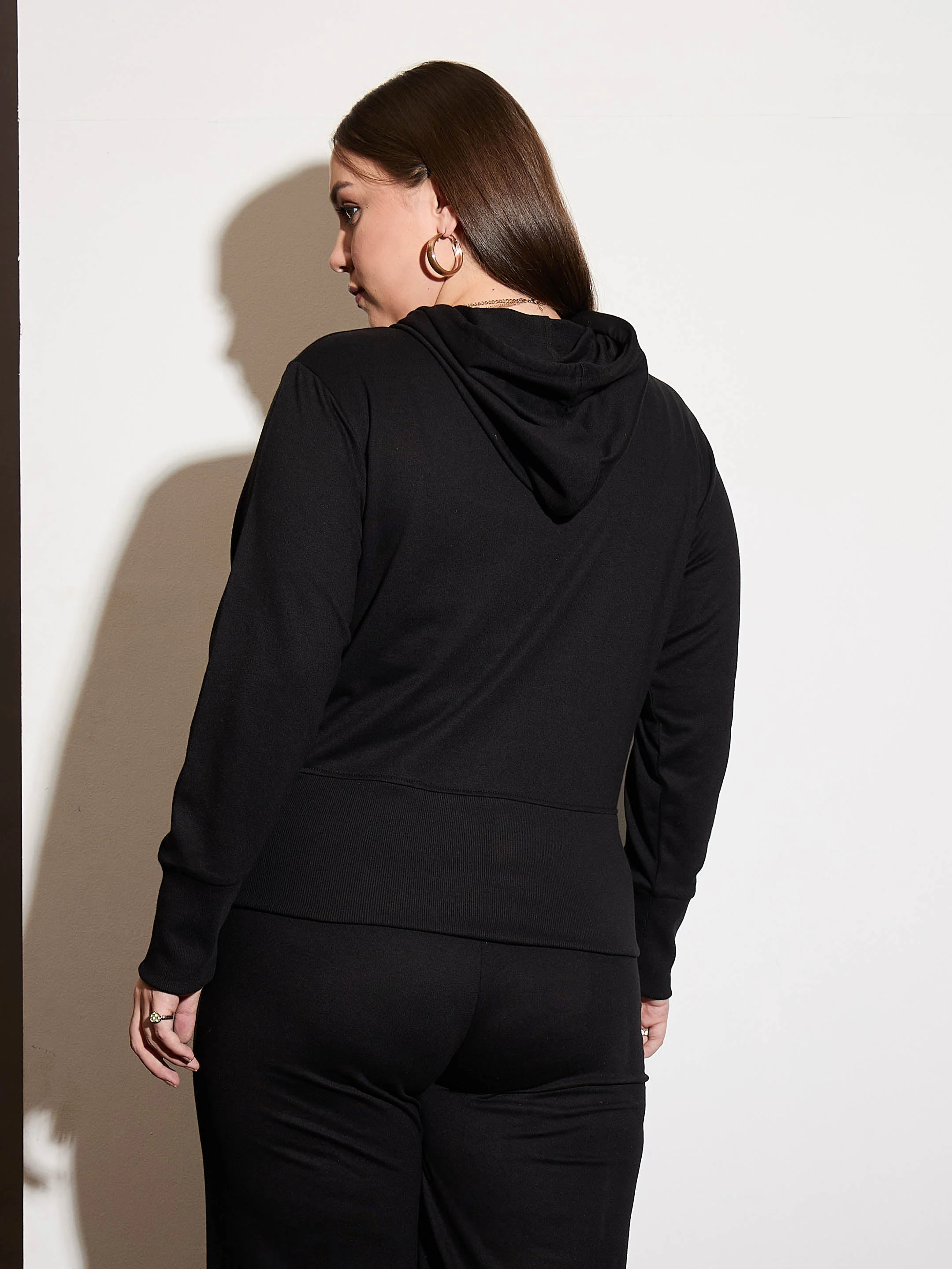 Women Black Terry Zipper Hoodie Jacket - Image 5