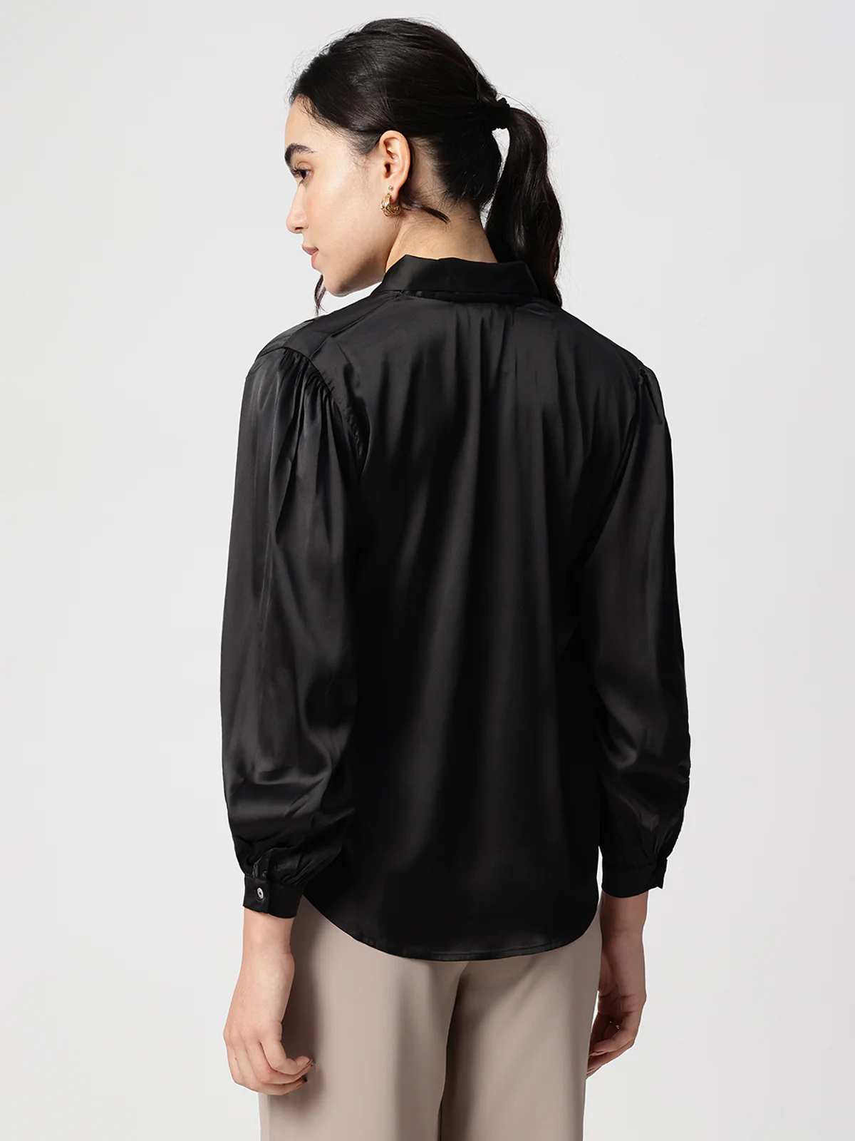 Women Black Tie Up Satin Top - Image 2
