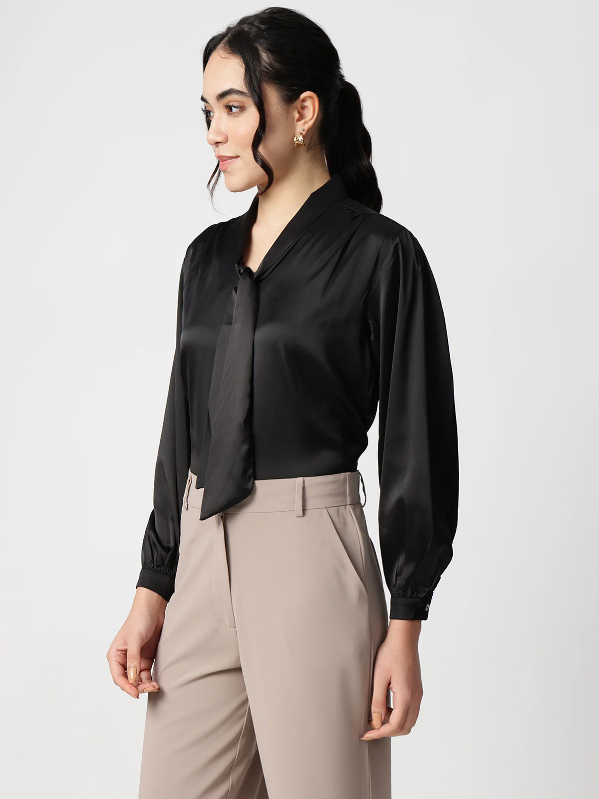 Women Black Tie Up Satin Top - Image 3