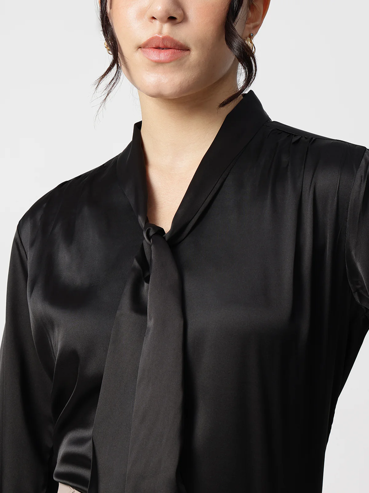 Women Black Tie Up Satin Top - Image 4