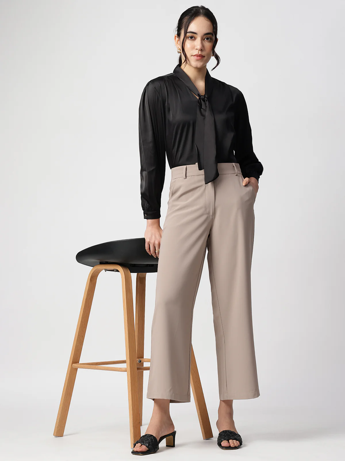 Women Black Tie Up Satin Top - Image 5