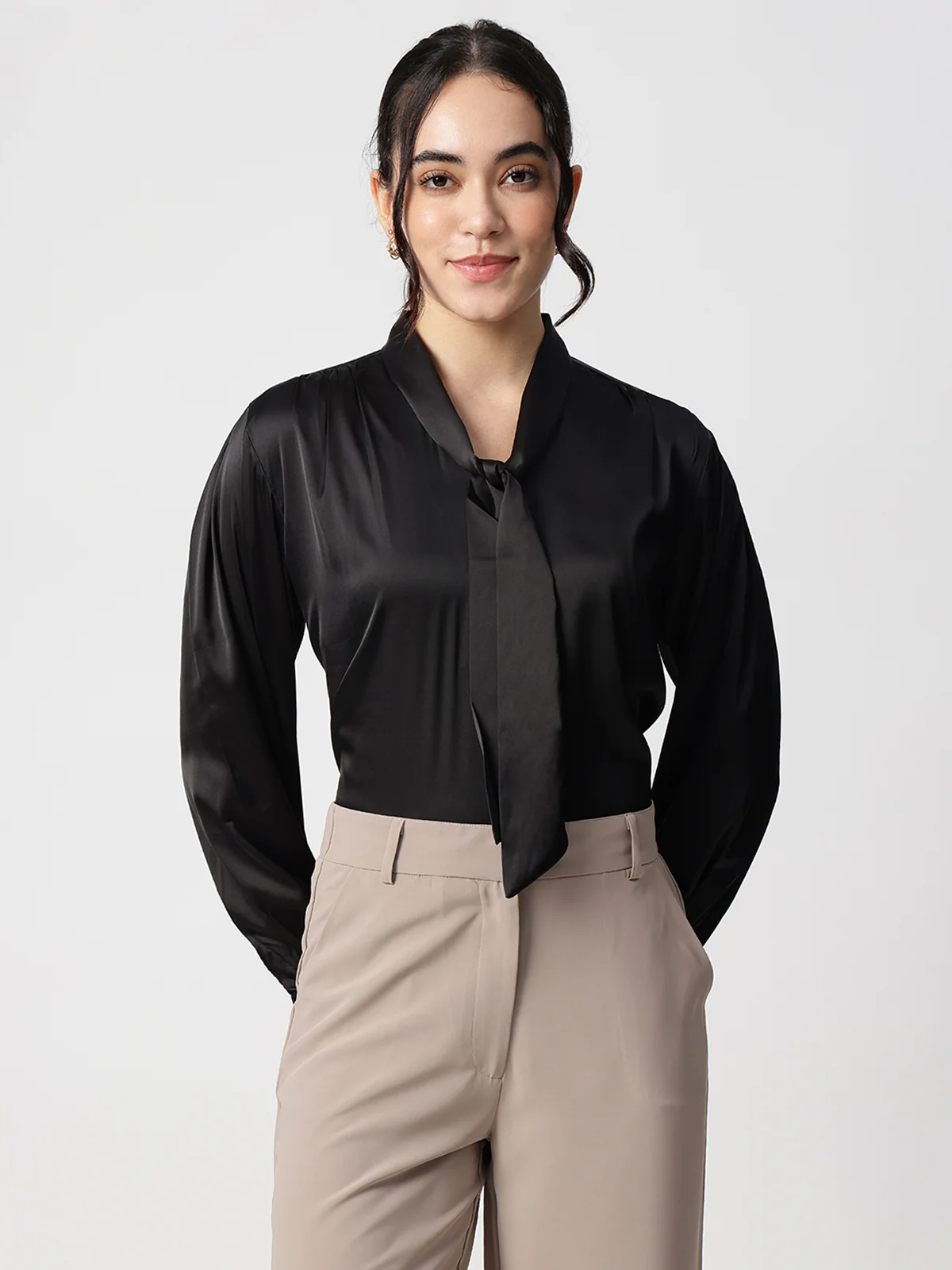 Women Black Tie Up Satin Top - Image 6