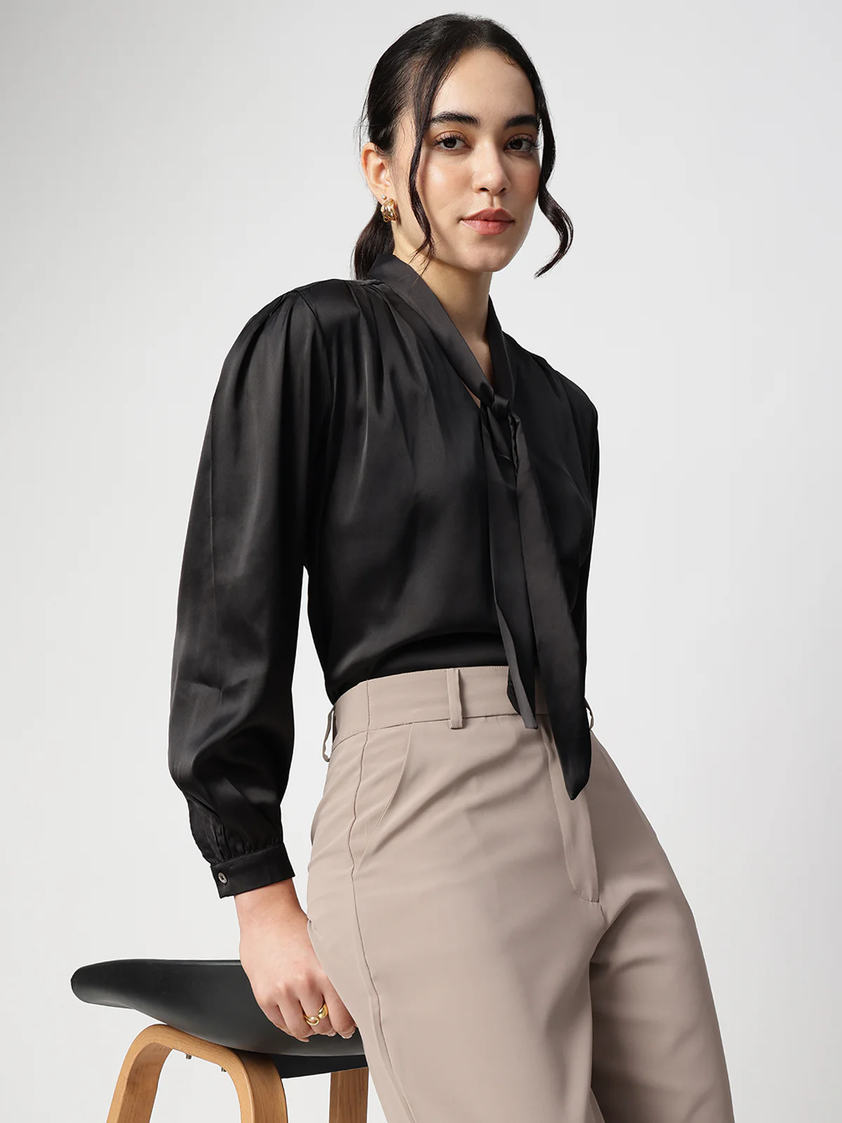 Women Black Tie Up Satin Top - Image 7