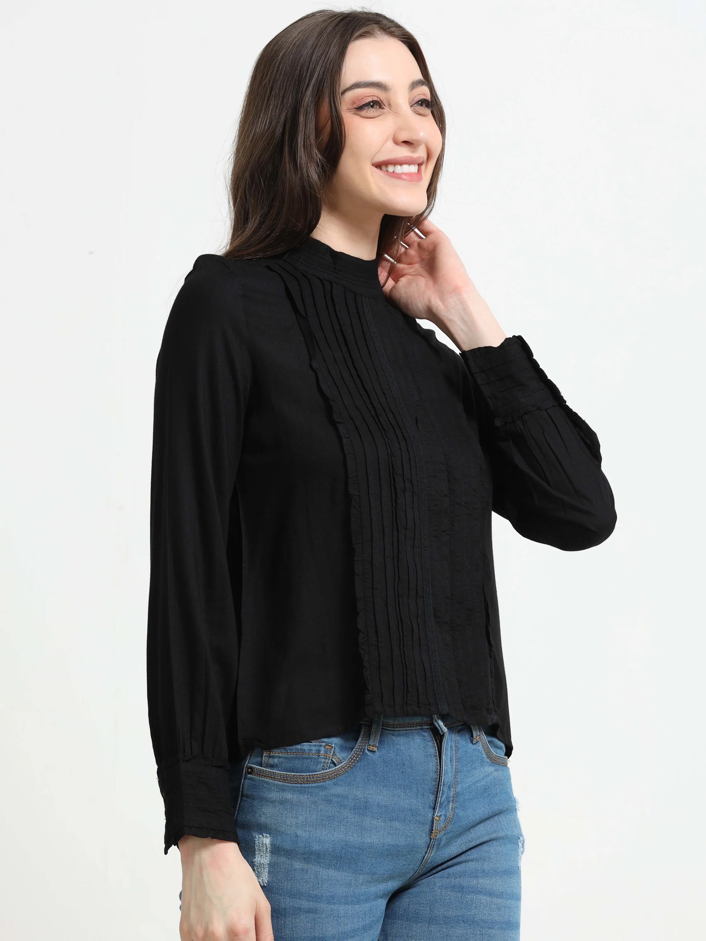 Women Black Top with Frill Inserts - Image 2