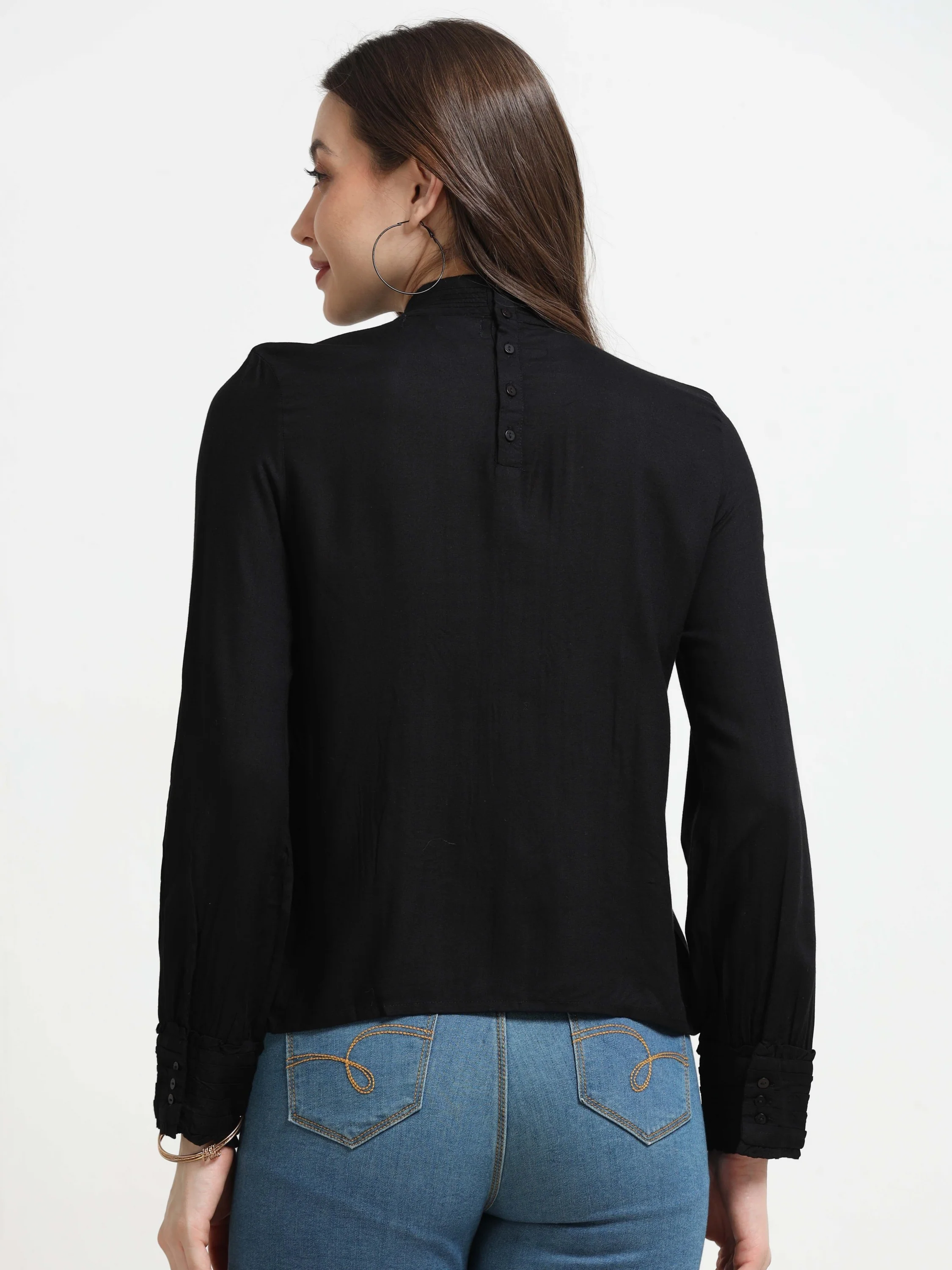 Women Black Top with Frill Inserts - Image 3