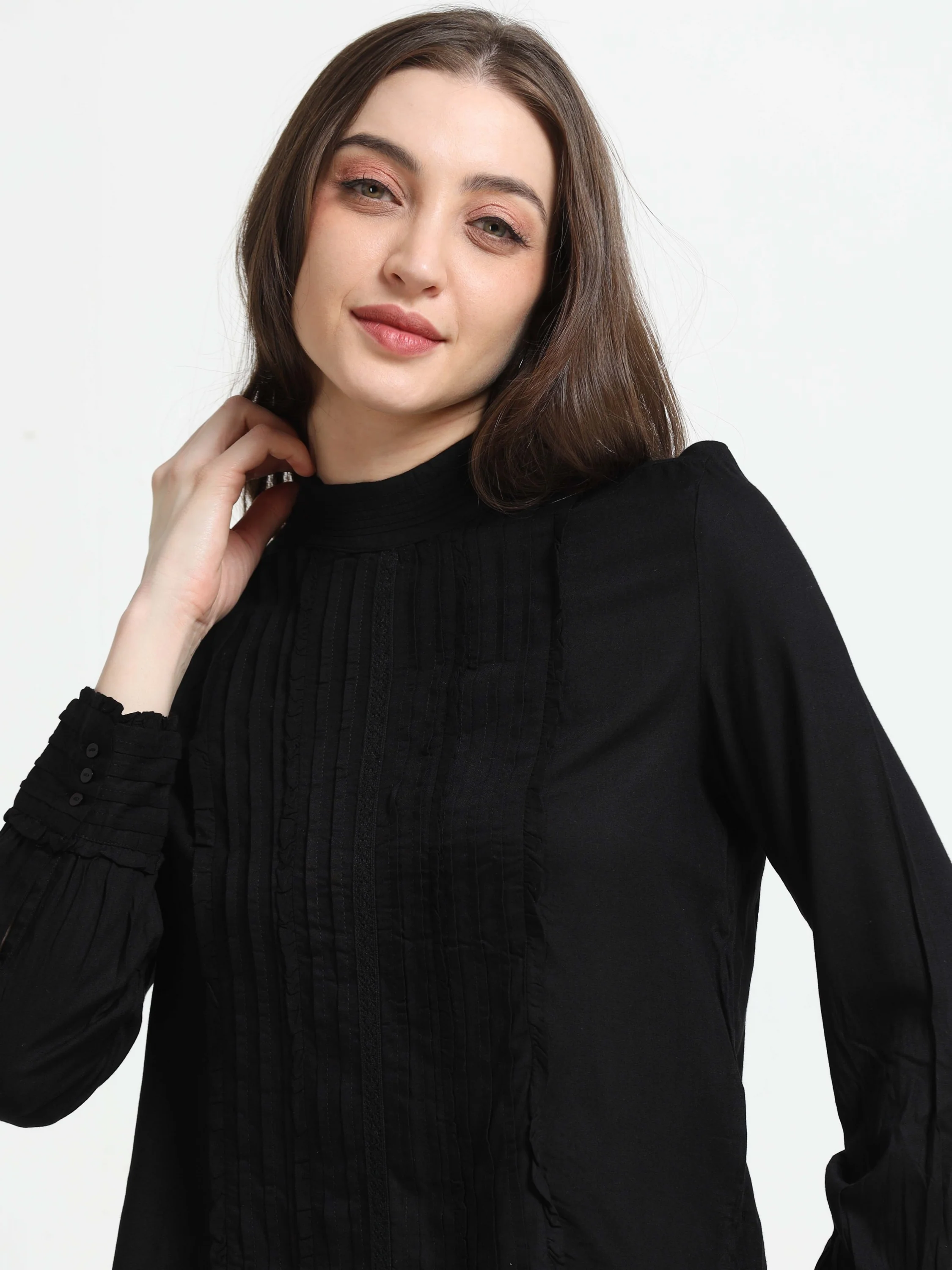 Women Black Top with Frill Inserts - Image 4