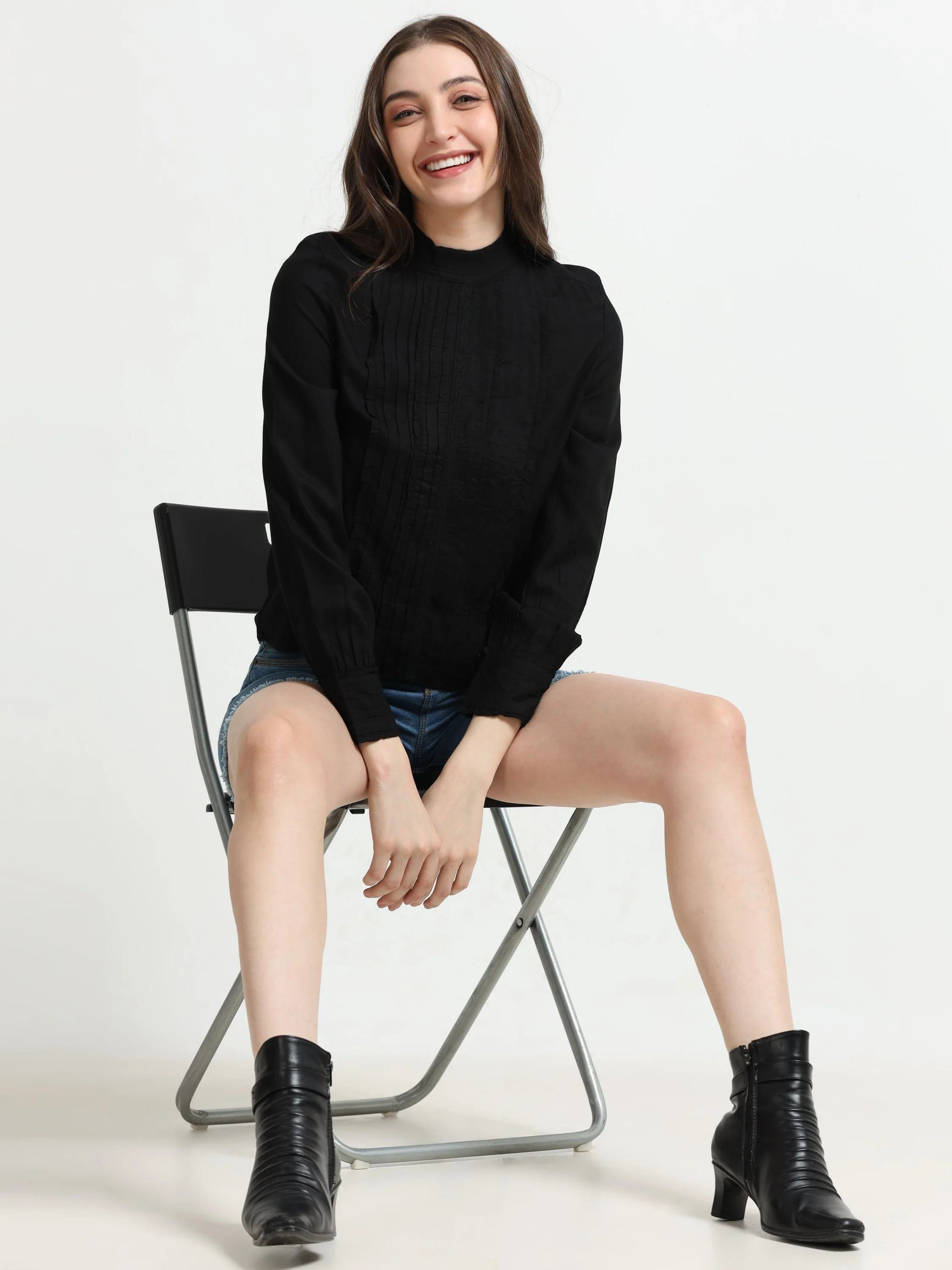 Women Black Top with Frill Inserts - Image 5