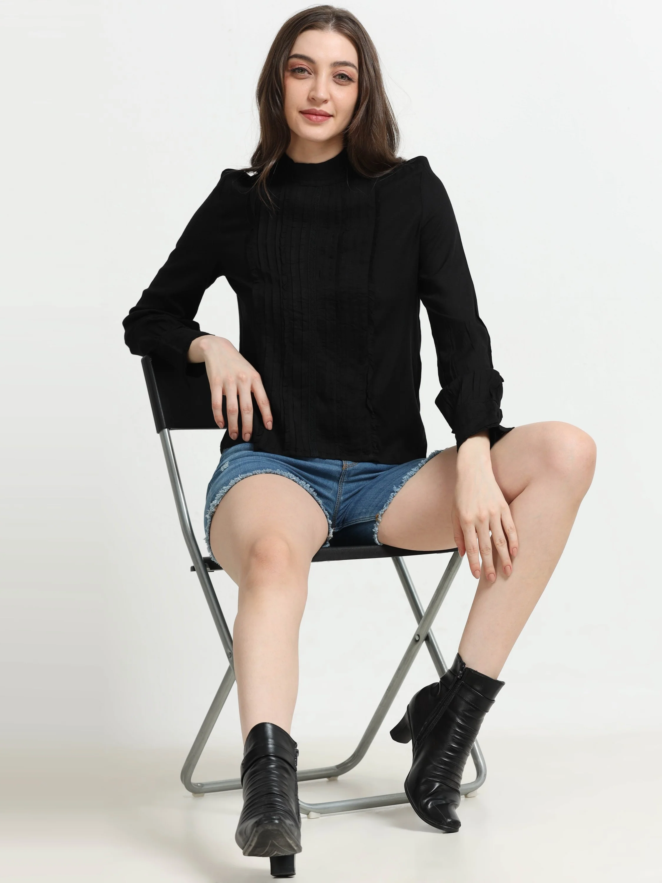 Women Black Top with Frill Inserts - Image 6