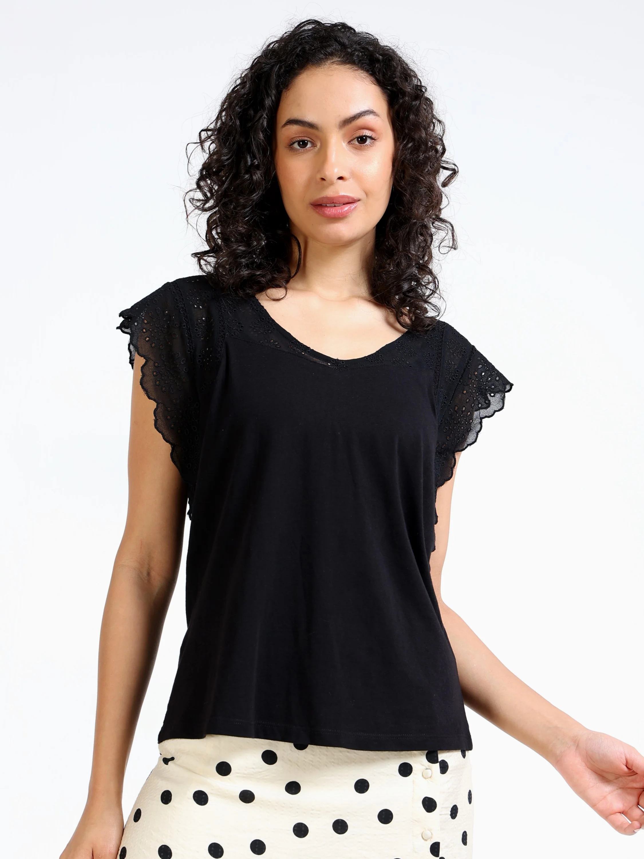 Women Black Shiffli Sleeved Top - Image 2