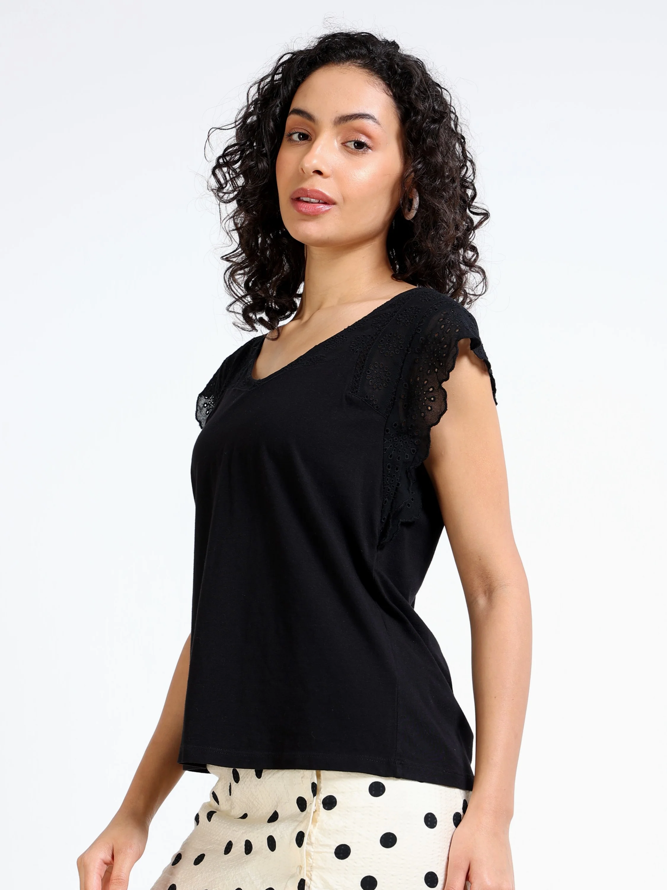 Women Black Shiffli Sleeved Top - Image 3