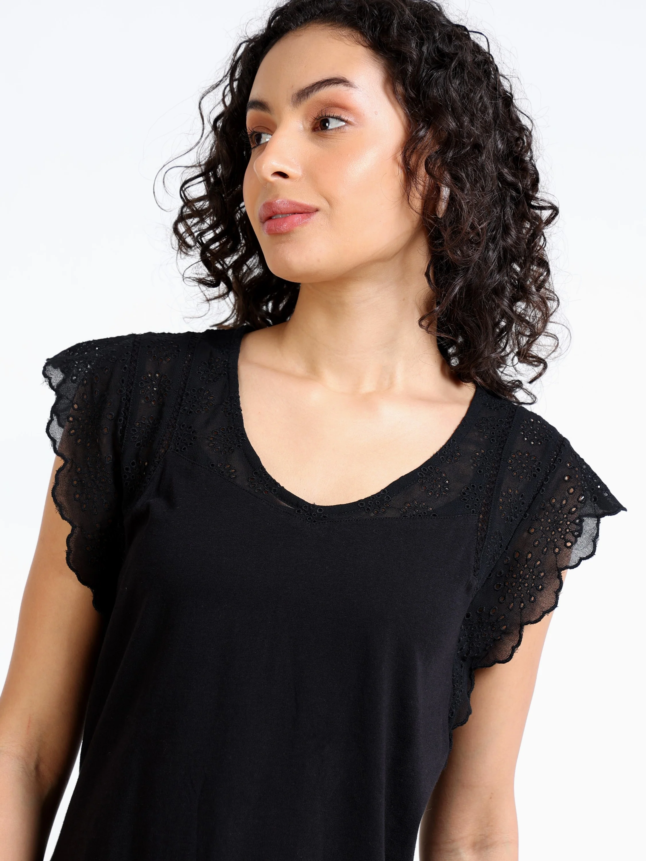 Women Black Shiffli Sleeved Top - Image 5