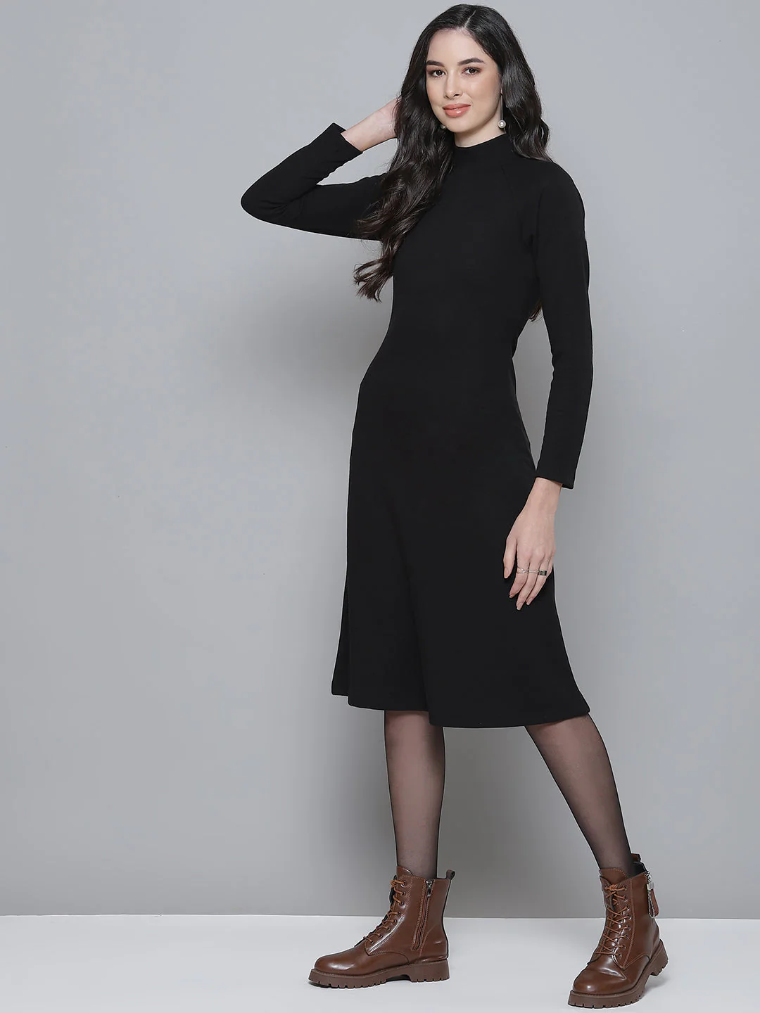 Women Black Turtle Neck Raglan Sleeve Midi Dress - Image 3