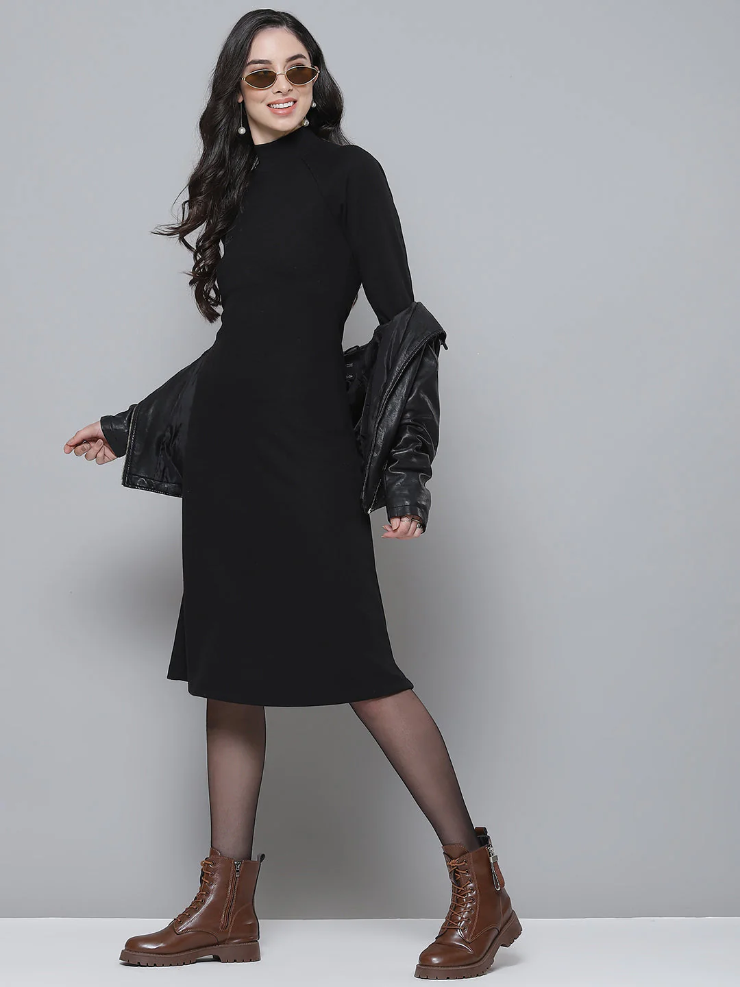 Women Black Turtle Neck Raglan Sleeve Midi Dress - Image 5