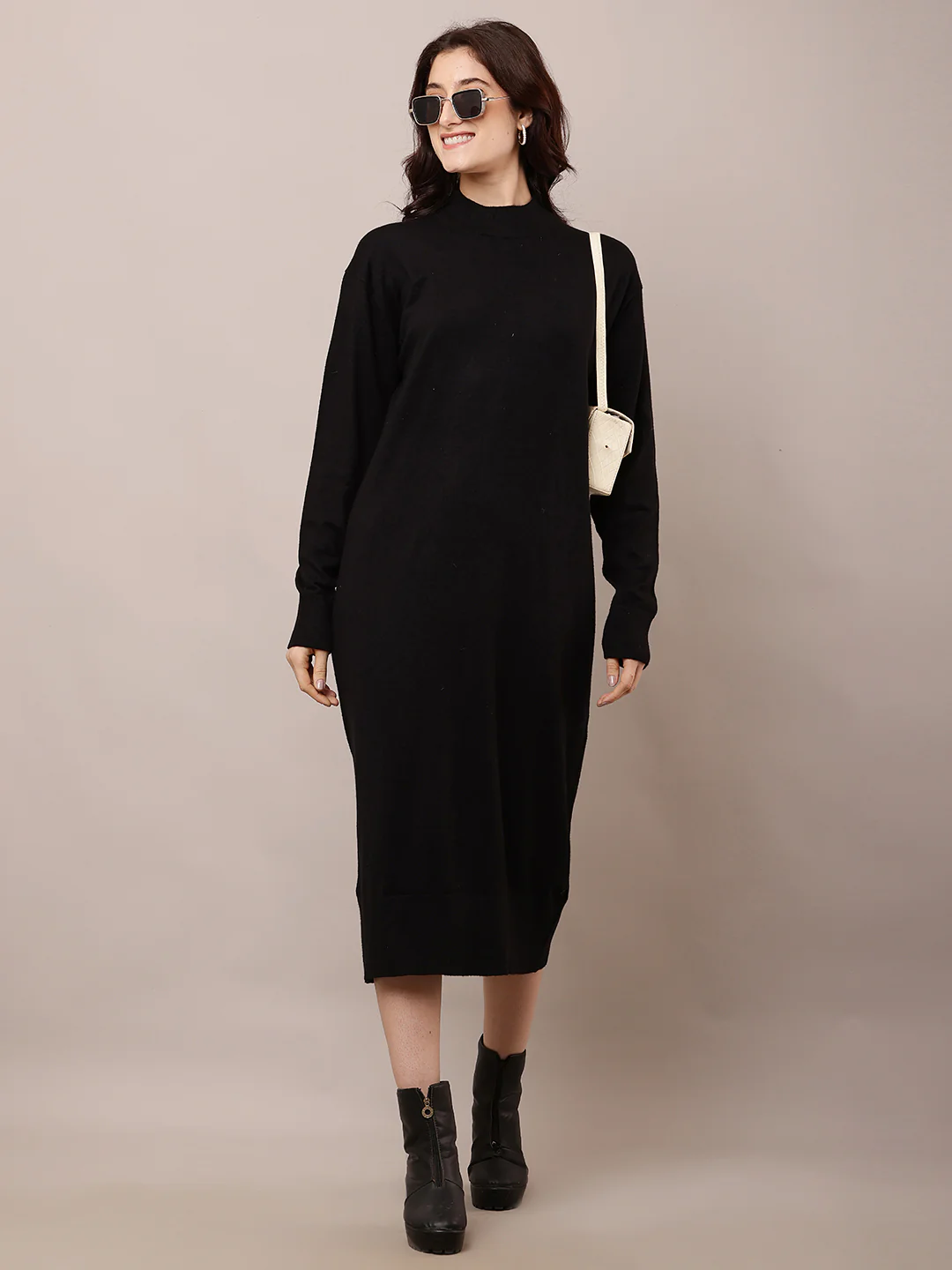 Women Black Turtle Neck Straight Dress - Image 2
