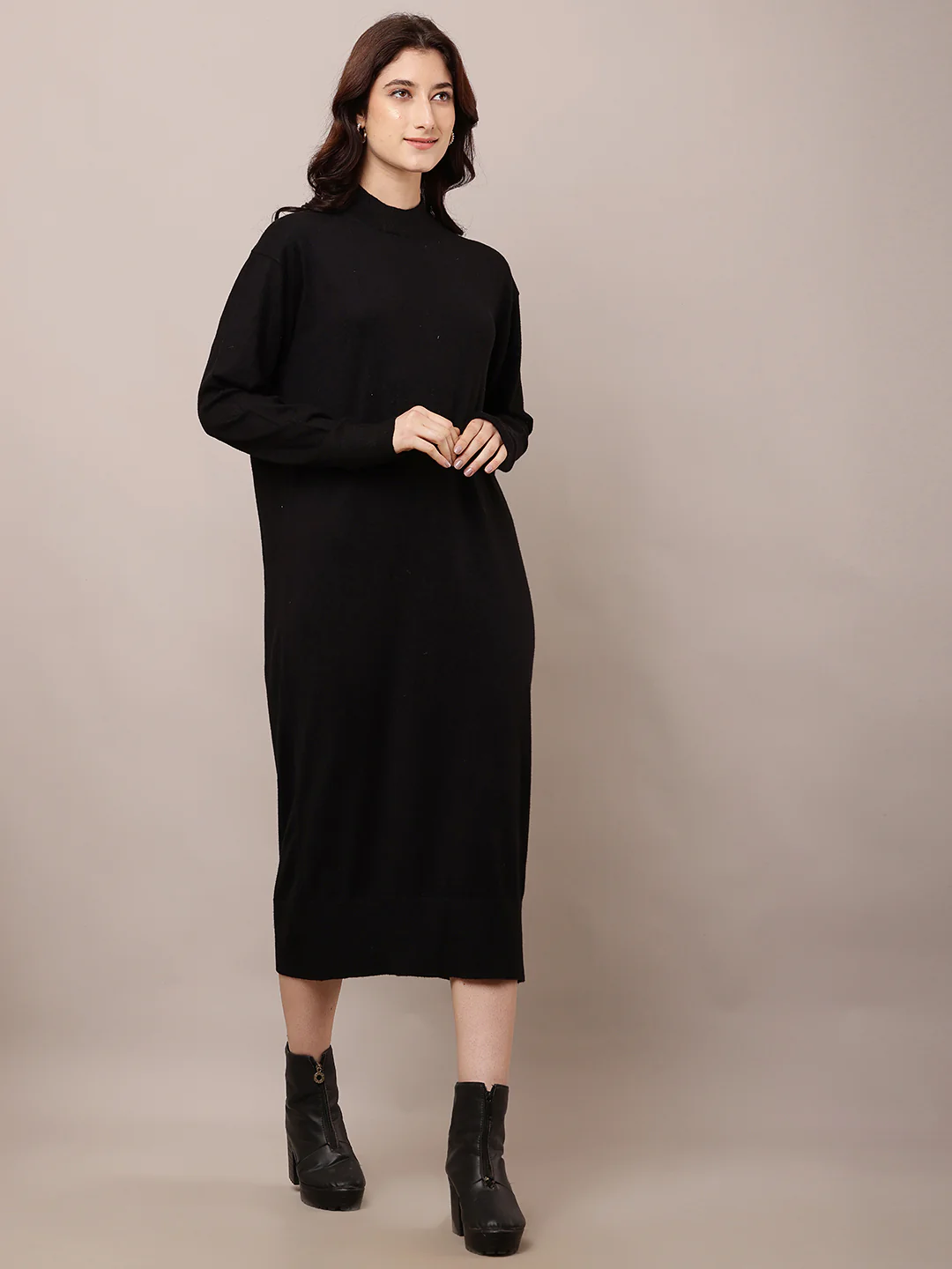 Women Black Turtle Neck Straight Dress - Image 3
