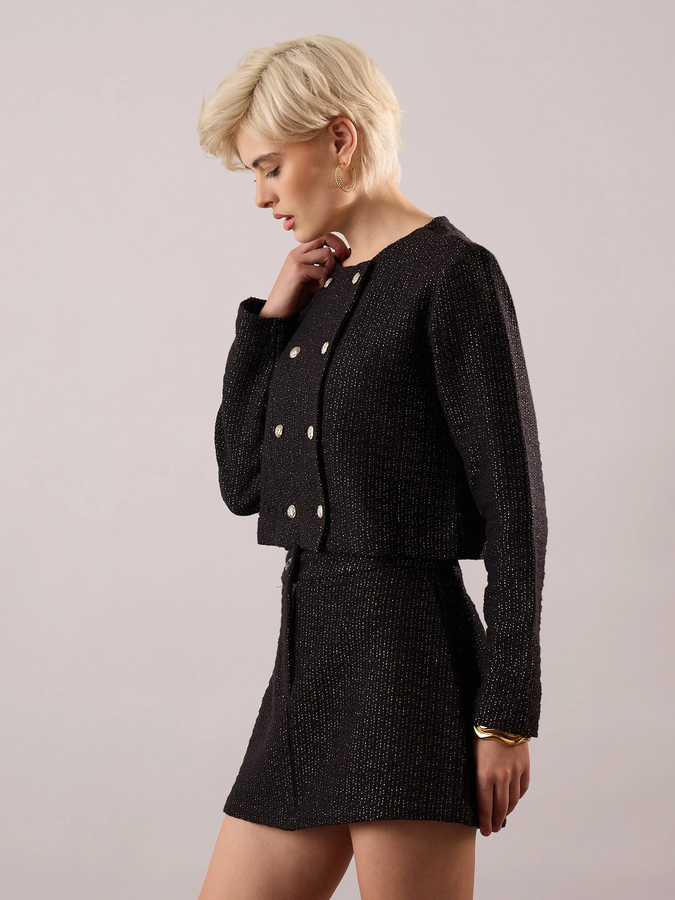 Women Black Tweed Full Sleeves Crop Blazer With Mini Skirt - Image 3