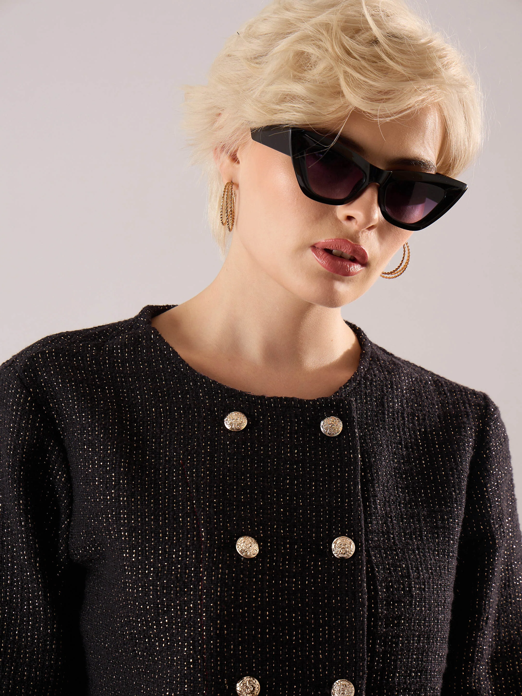 Women Black Tweed Full Sleeves Crop Blazer With Mini Skirt - Image 4