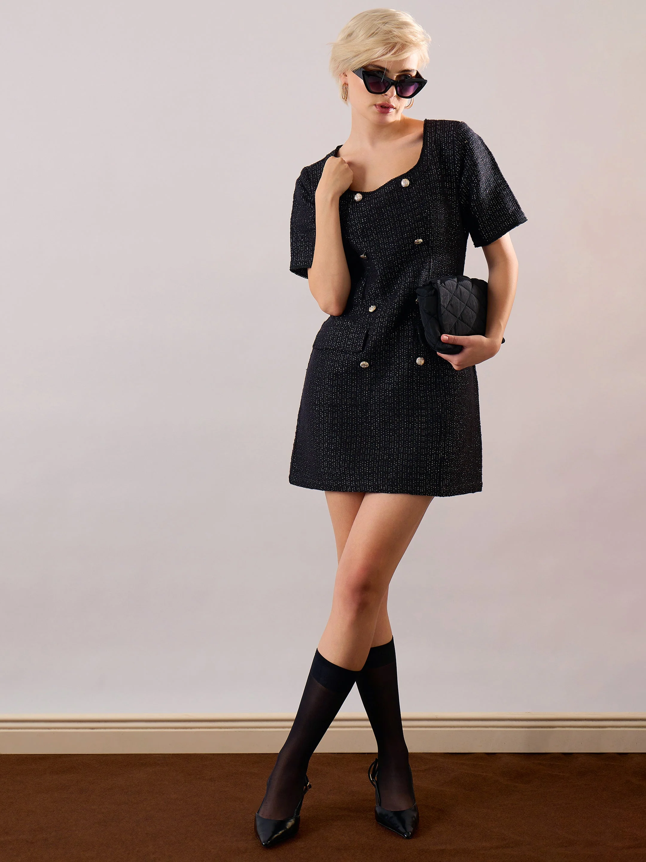 Women Black Tweed Round Neck Short Dress - Image 2