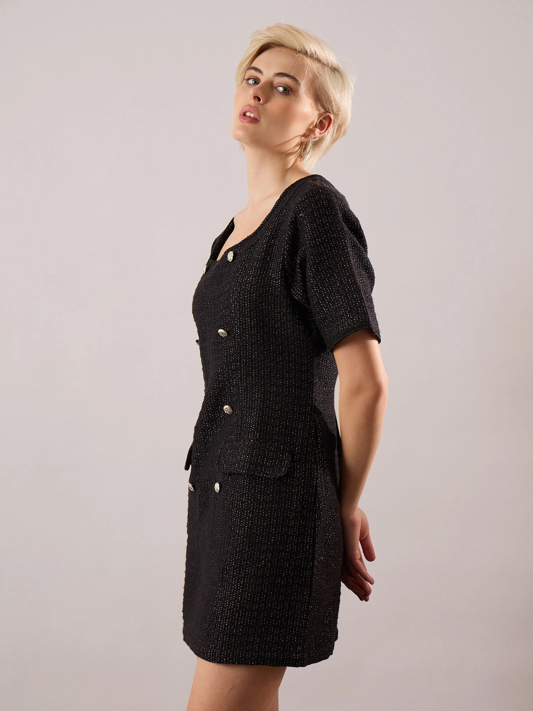 Women Black Tweed Round Neck Short Dress - Image 3