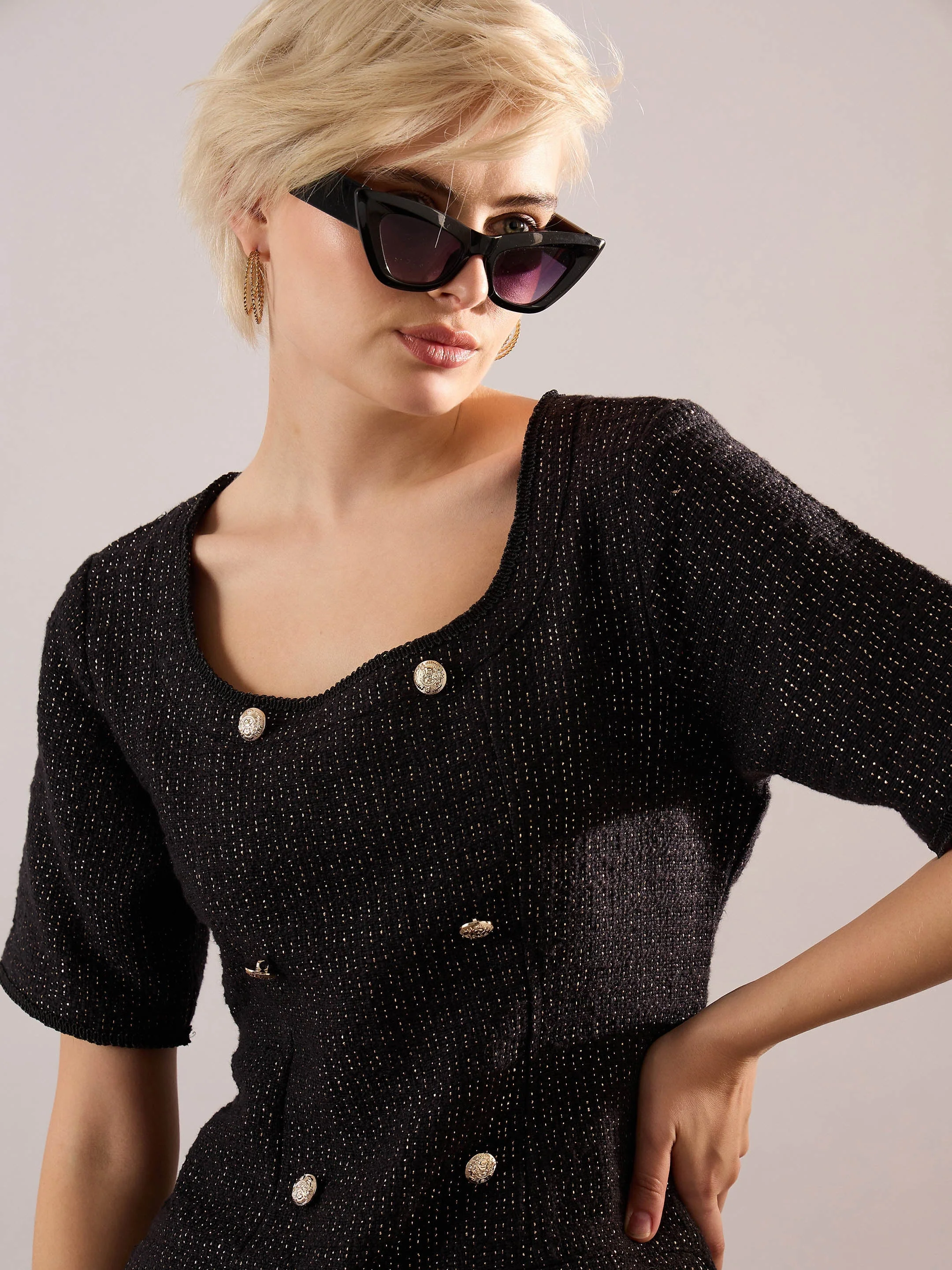 Women Black Tweed Round Neck Short Dress - Image 4