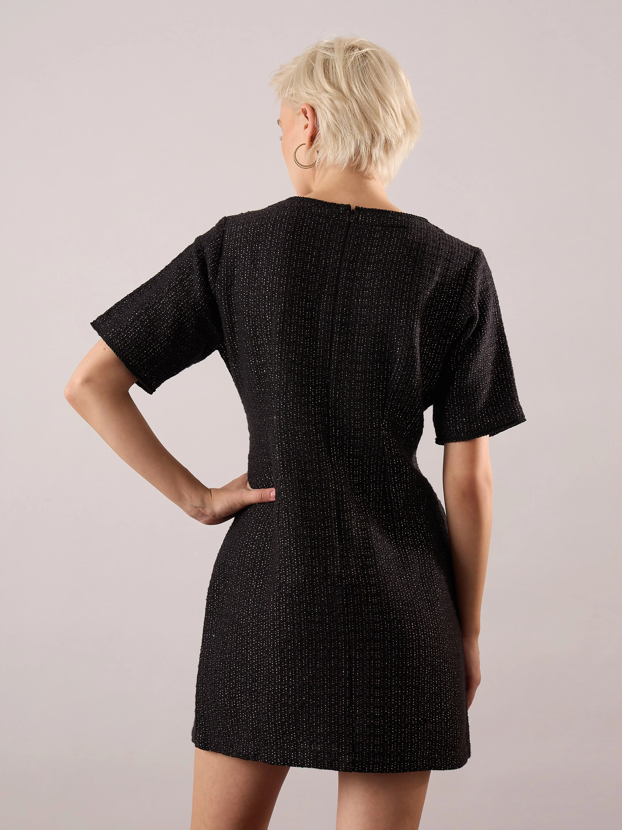 Women Black Tweed Round Neck Short Dress - Image 5